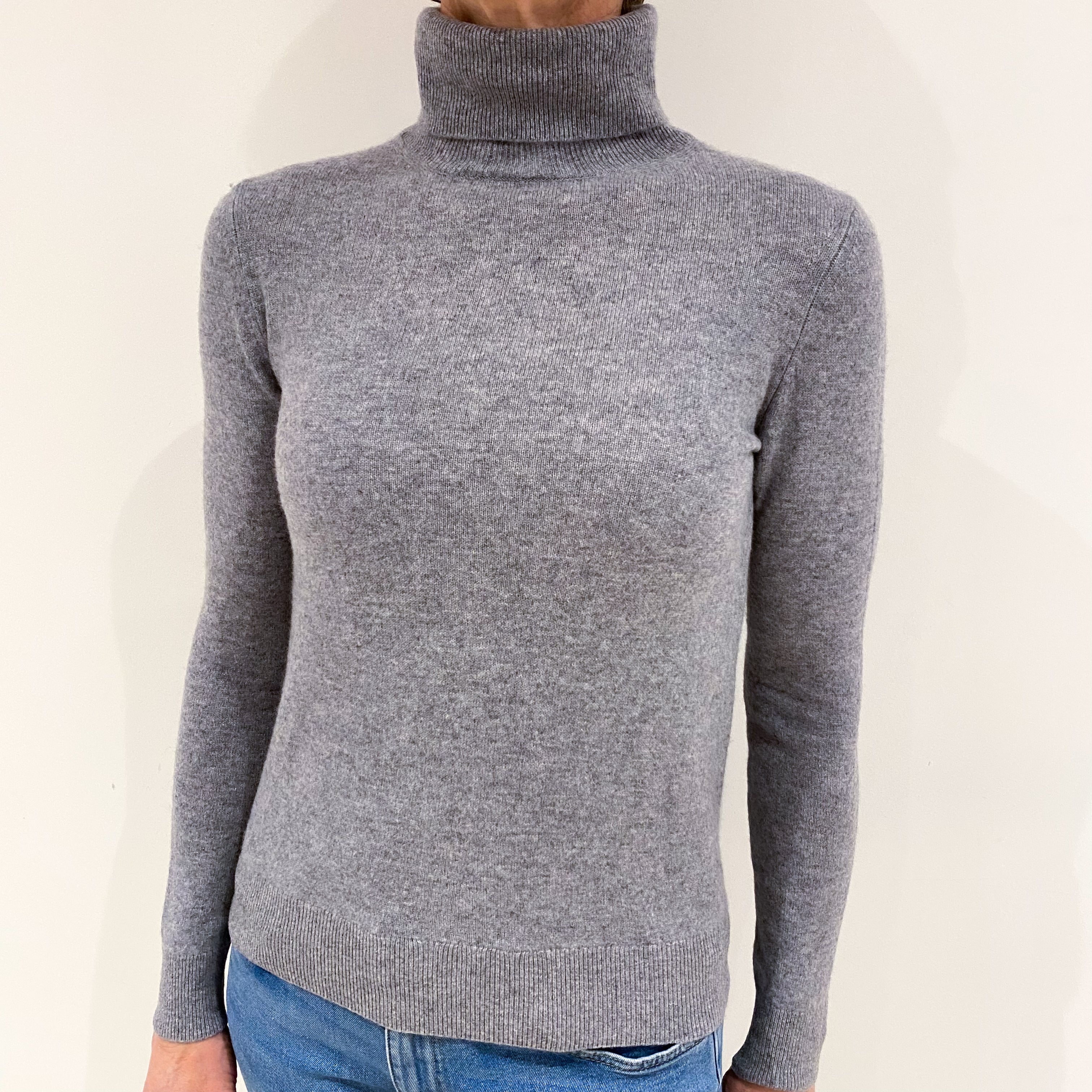 Ash Grey Cashmere Polo Neck Jumper Small