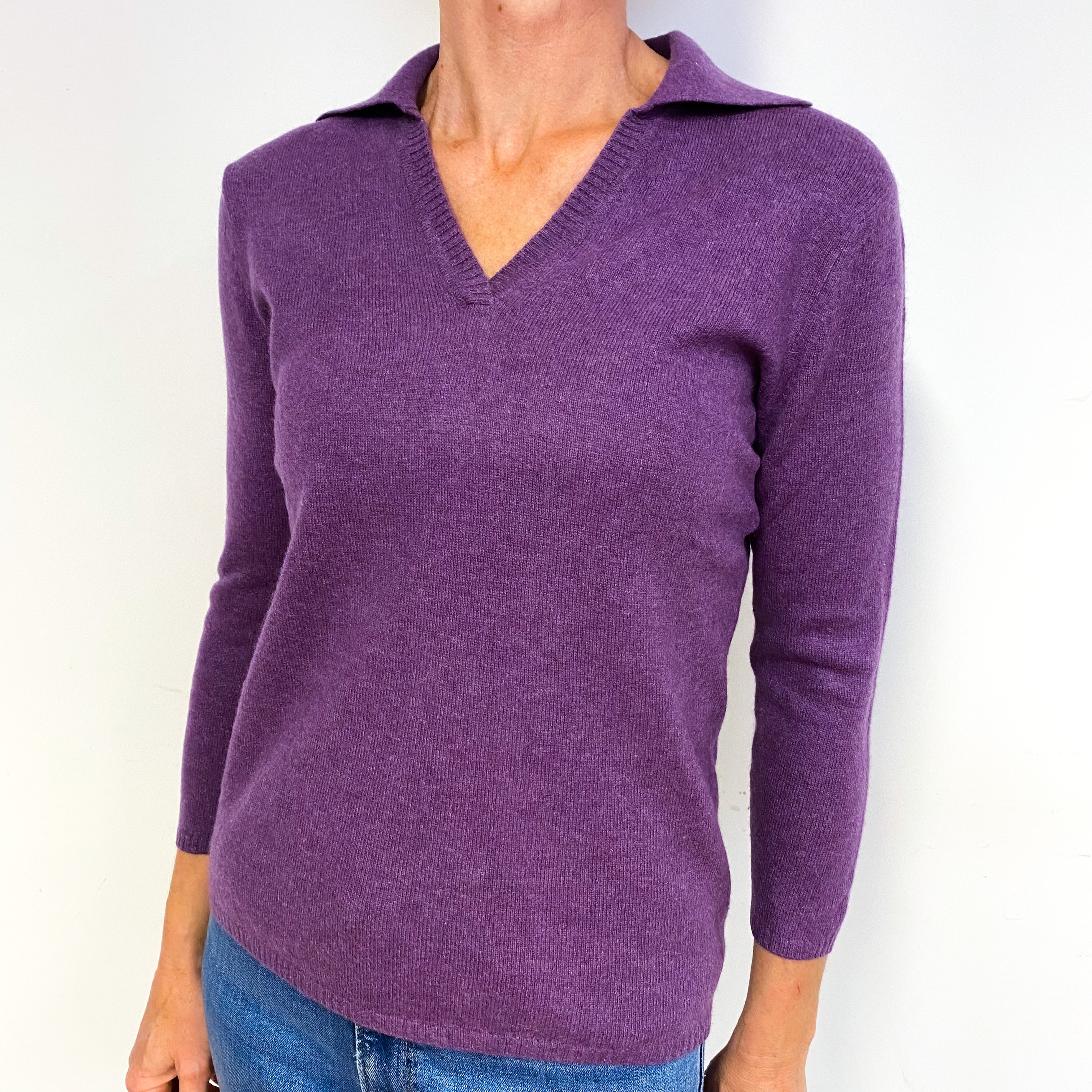 Amethyst Purple Cashmere Collared V-Neck Jumper Medium