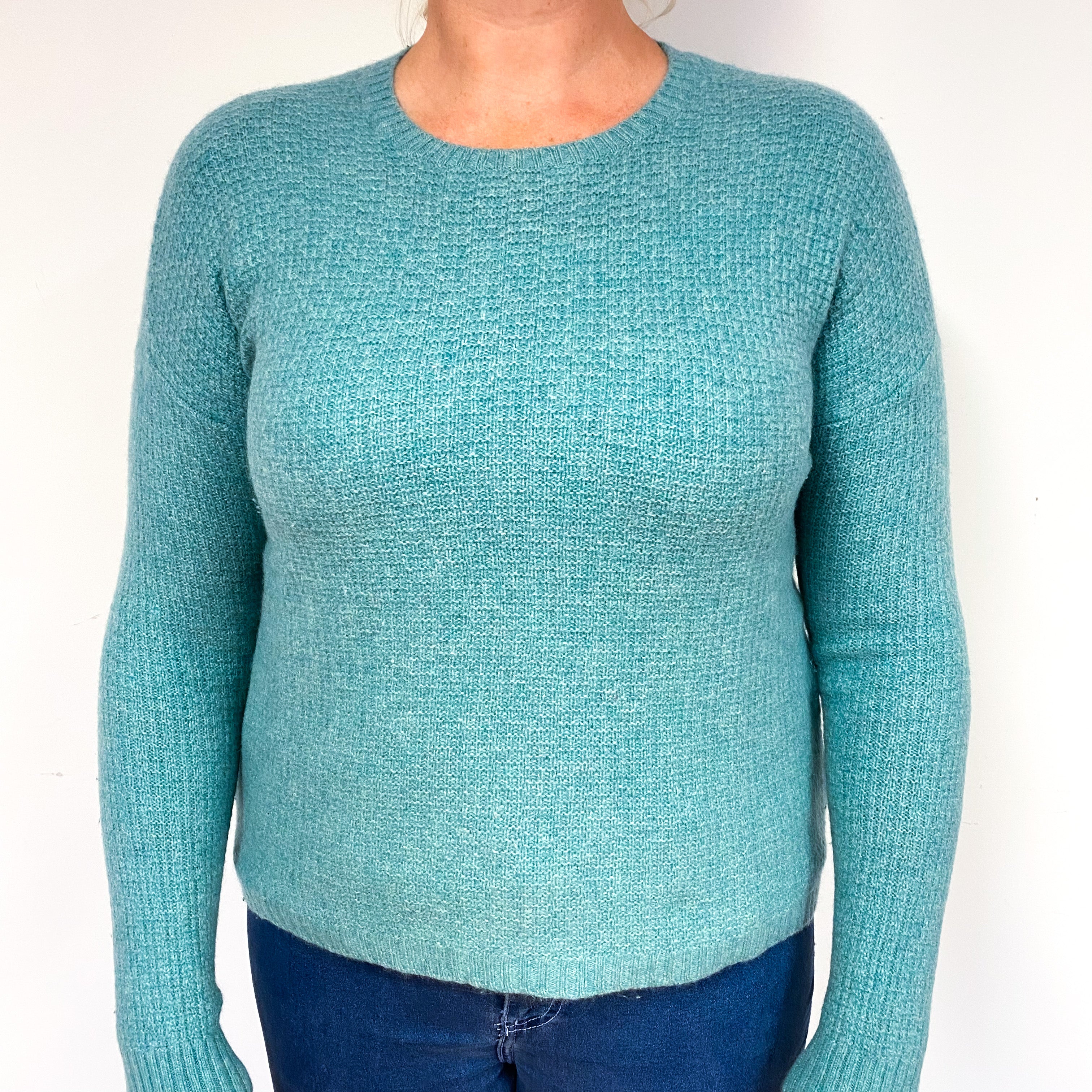 Aqua Green Waffle Cashmere Crew Neck Jumper Large