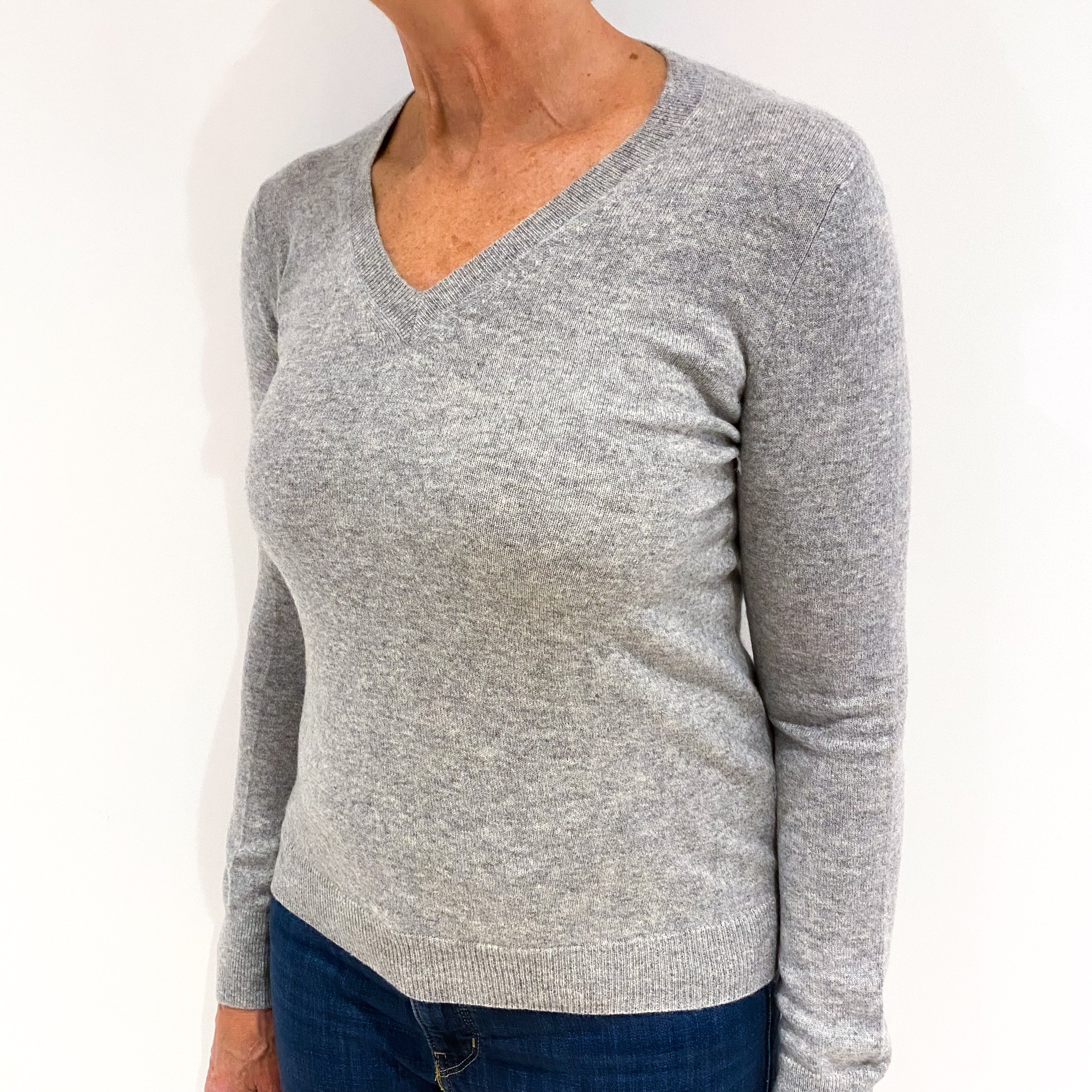 Ash Grey Cashmere V-Neck Jumper Medium