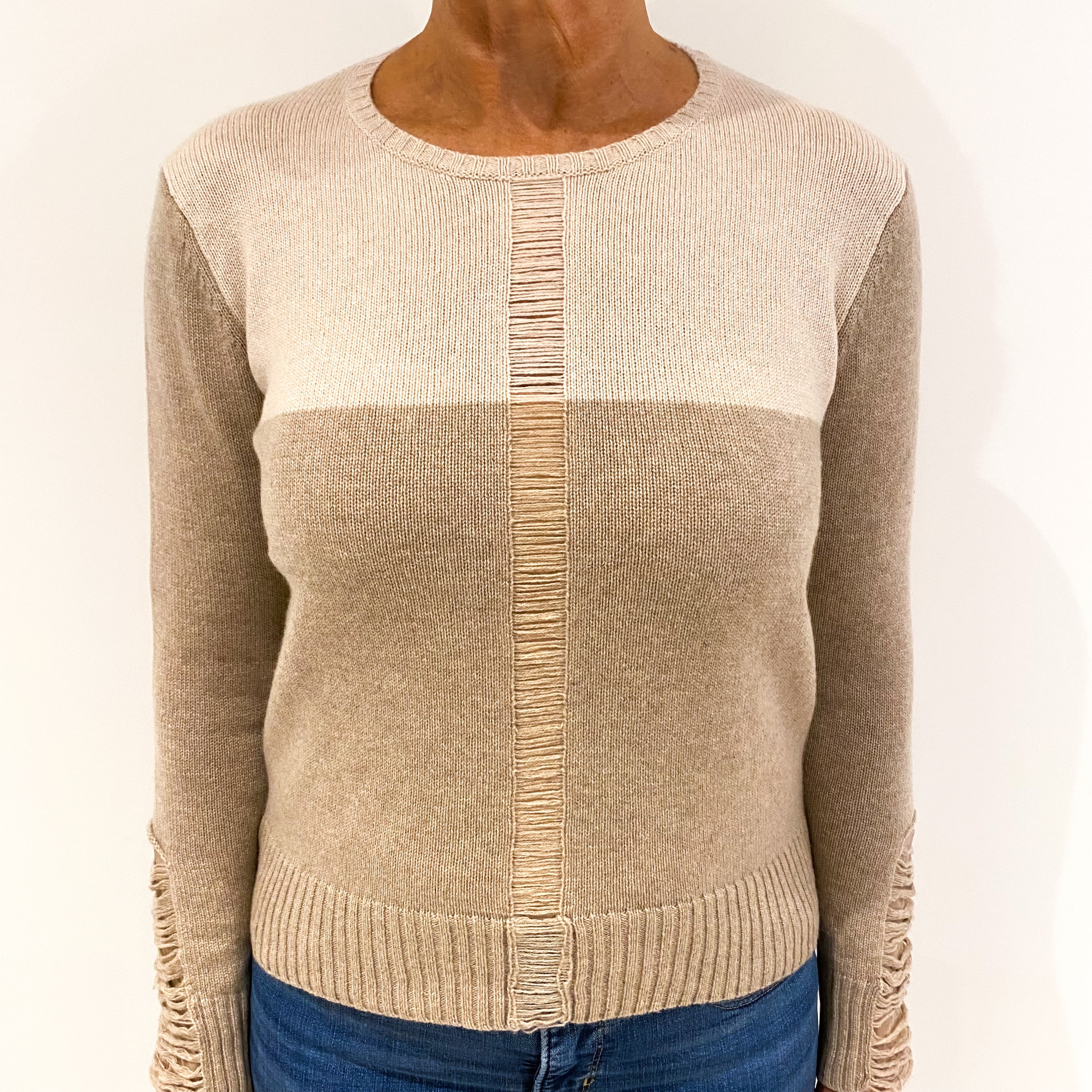 Beige Ripped Effect Cashmere Crew Neck Jumper Medium