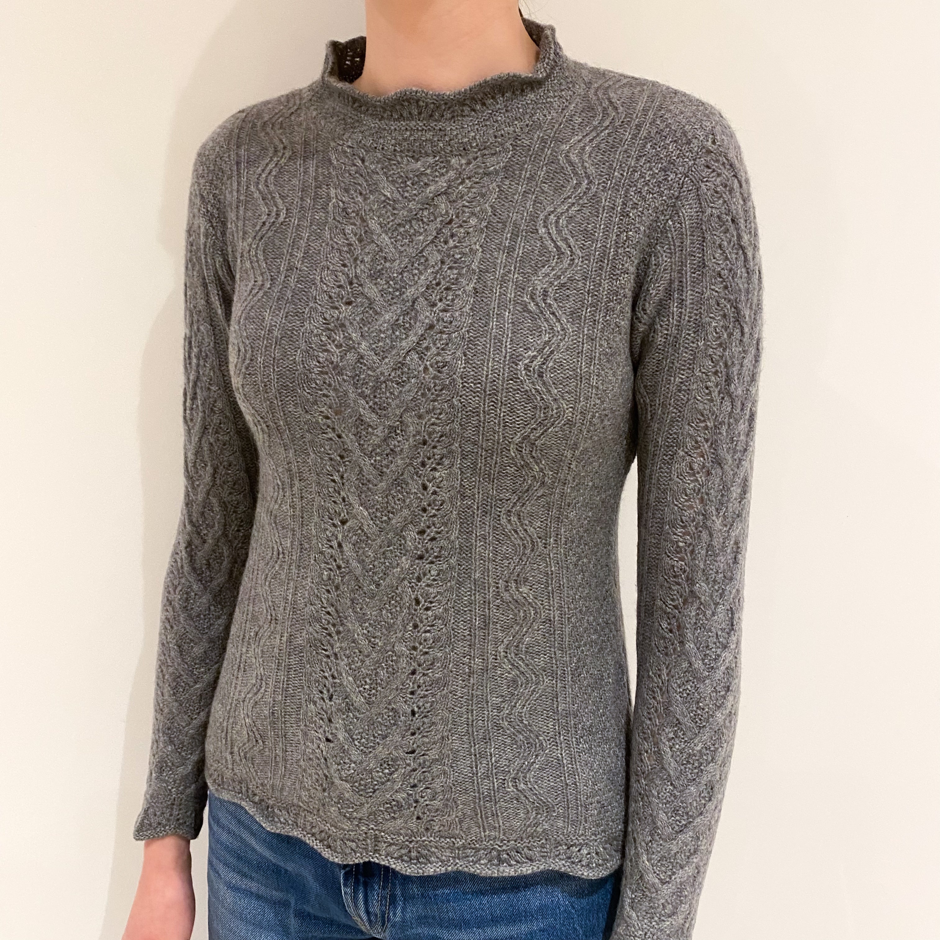 Ash Grey Fancy Knit Cashmere Funnel Neck Jumper Extra Small