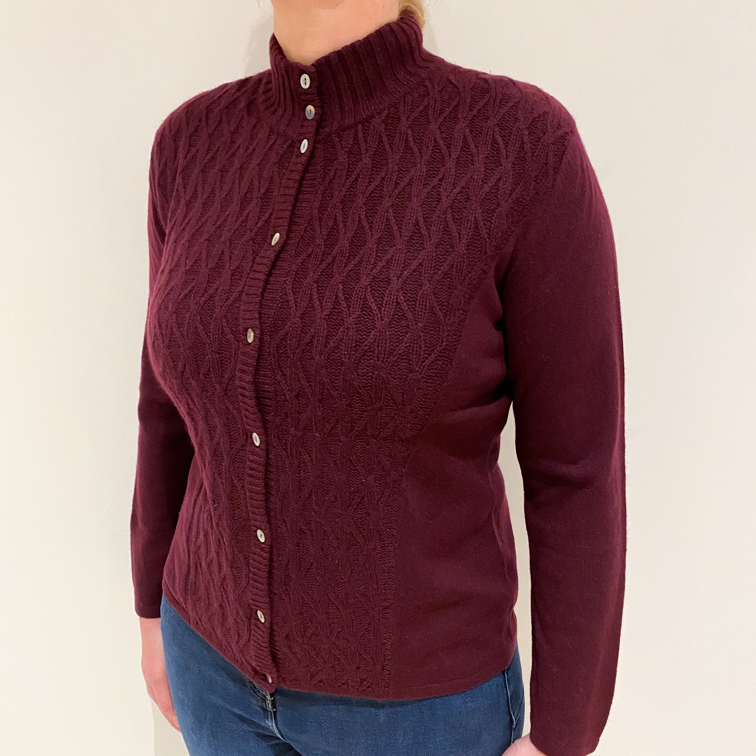 Aubergine Purple Cable Cashmere Turtle Neck Cardigan Large