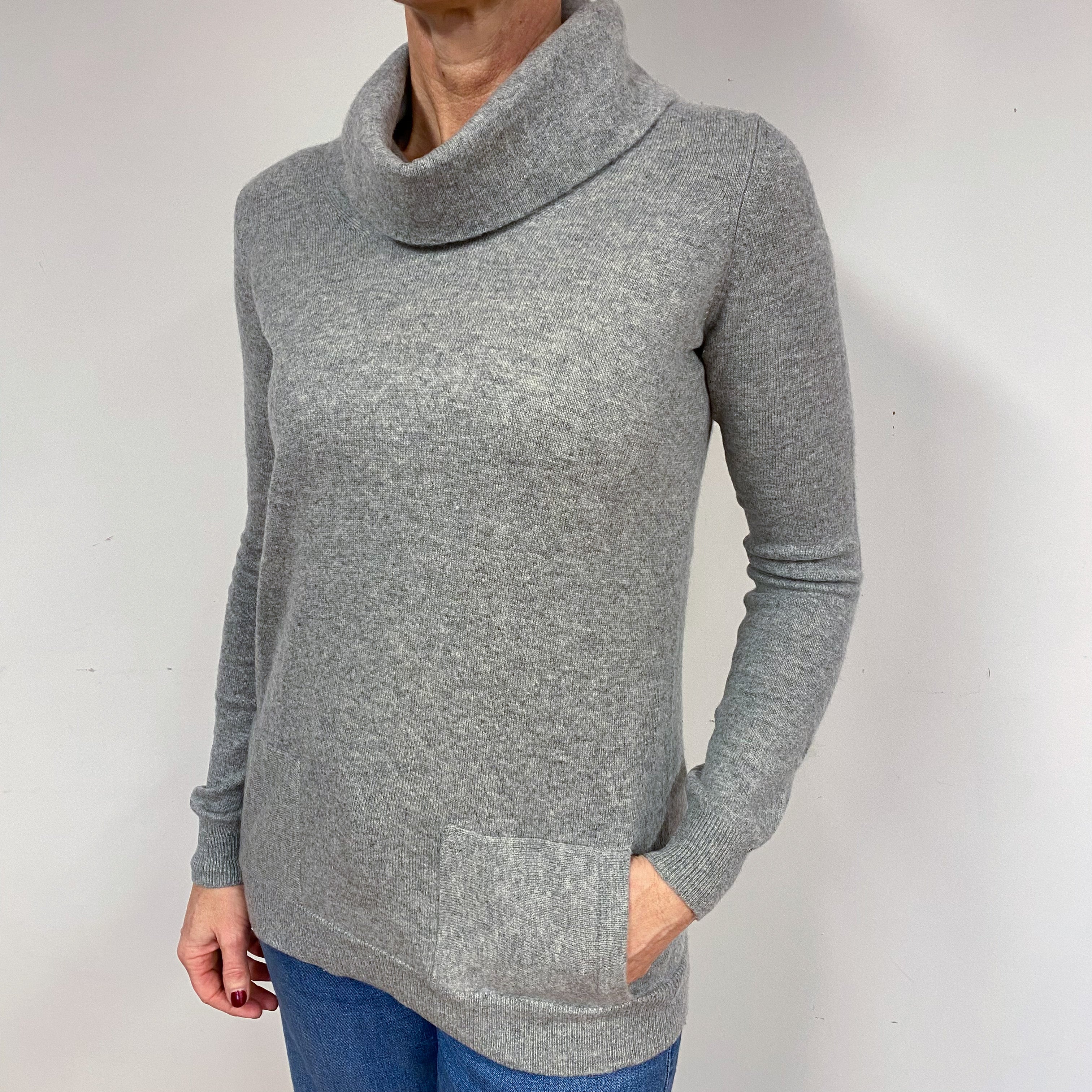 Ash Grey Cashmere Polo Neck Jumper with Pockets Medium