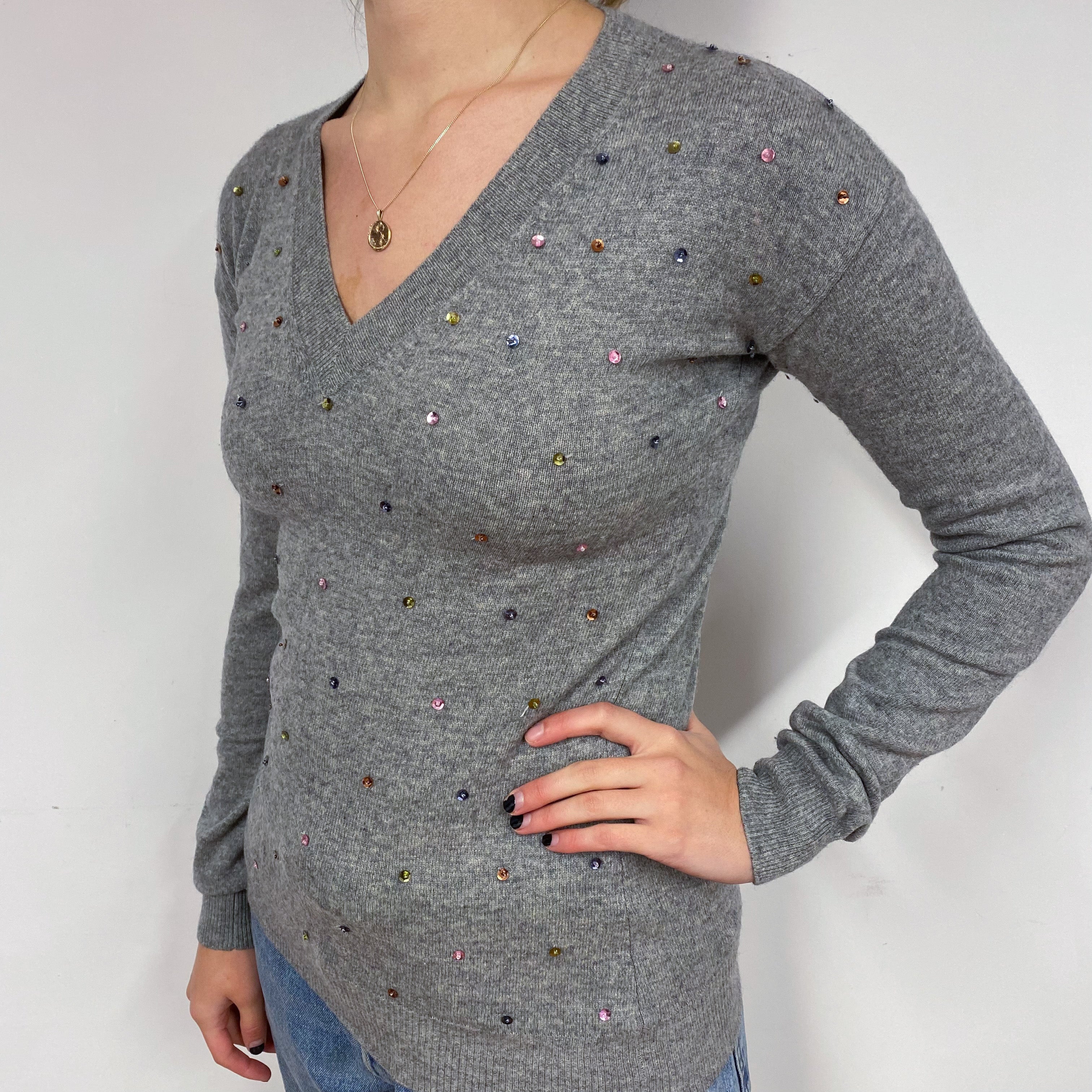 Ash Grey Sequin Cashmere V-Neck Jumper Small