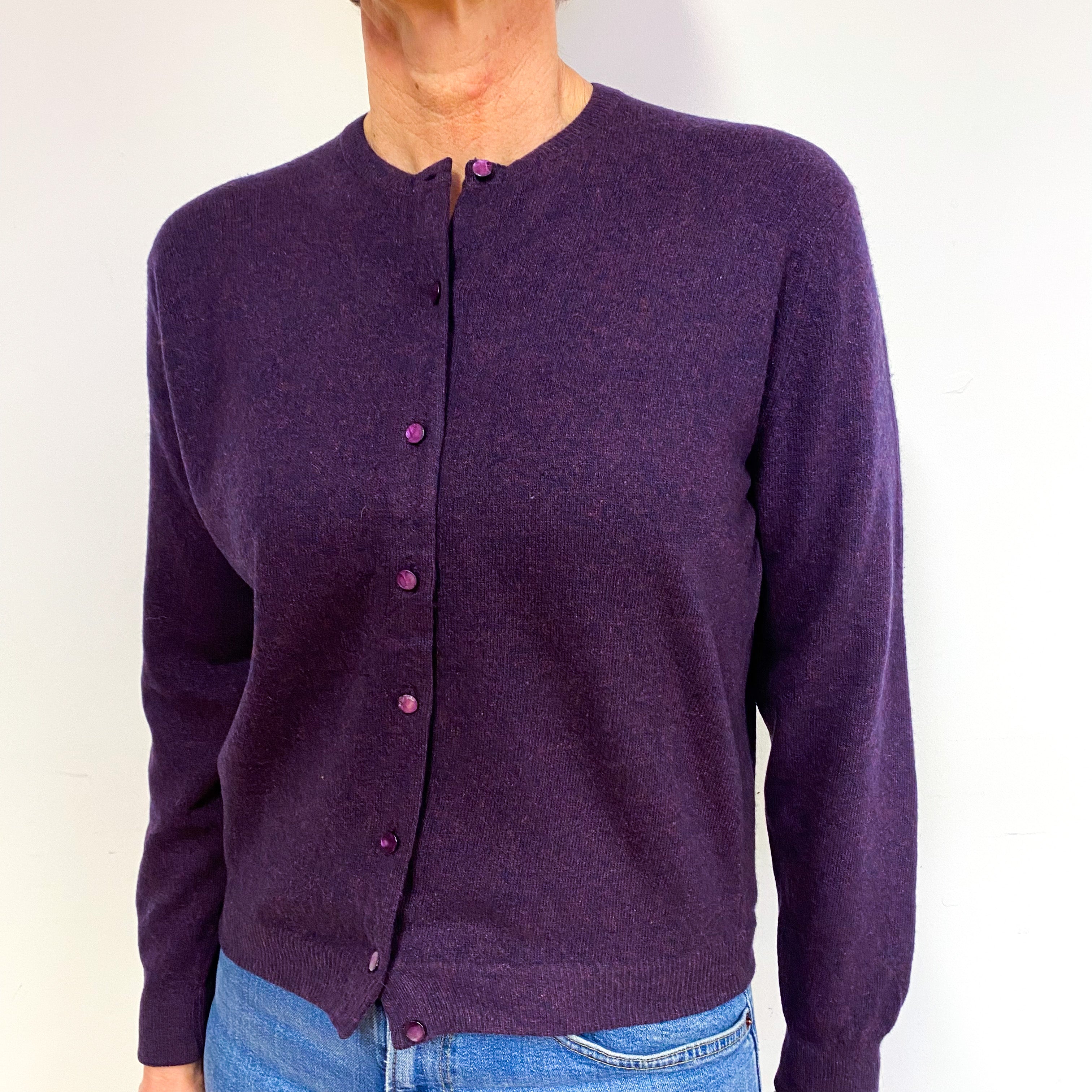 Aubergine Purple Cashmere Crew Neck Cardigan Medium