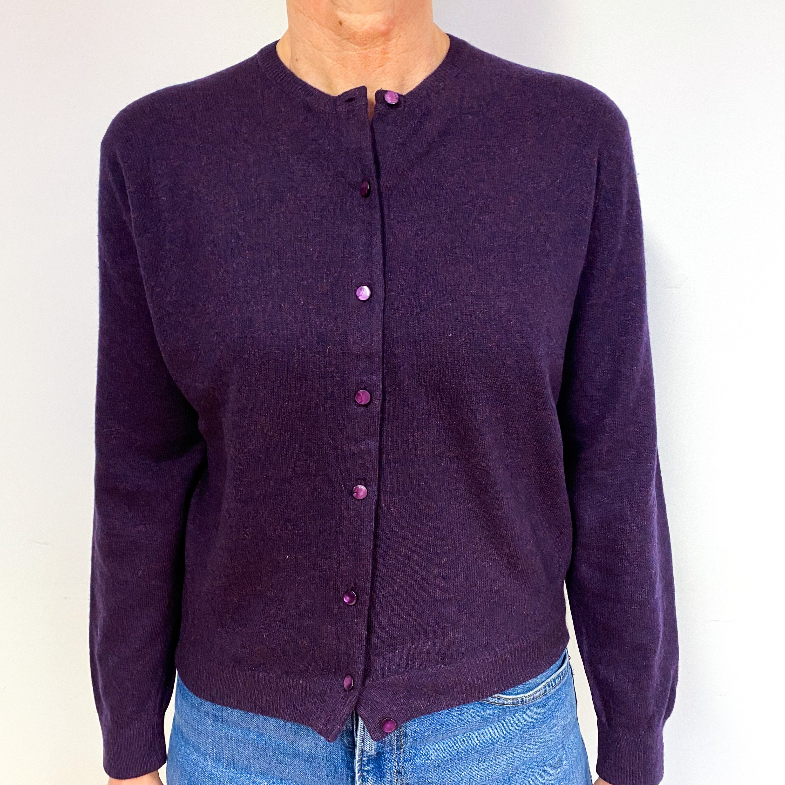 Aubergine Purple Cashmere Crew Neck Cardigan Medium