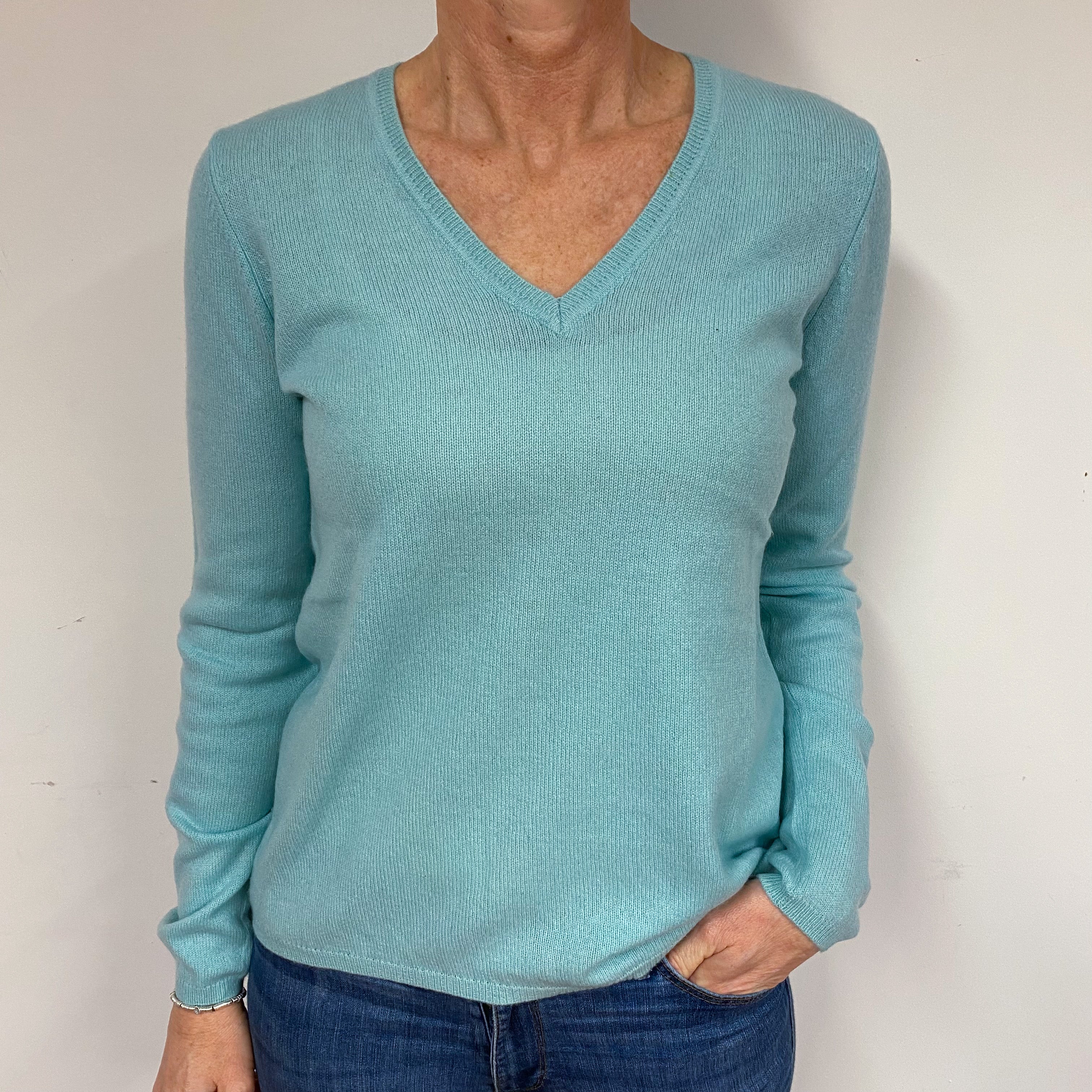 Aqua Blue Cashmere V-Neck Jumper Medium