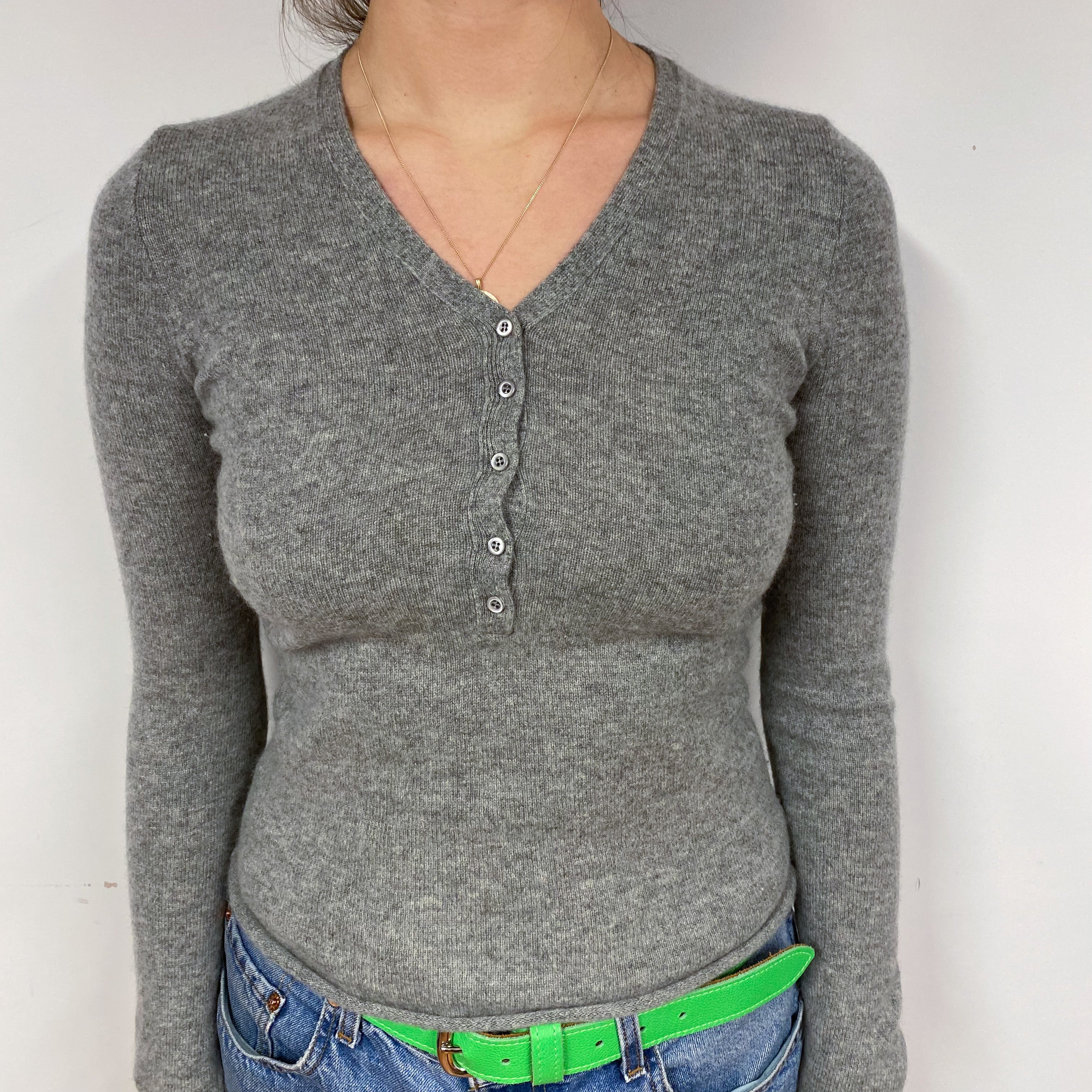 Ash Grey Buttoned Cashmere V-Neck Jumper Small