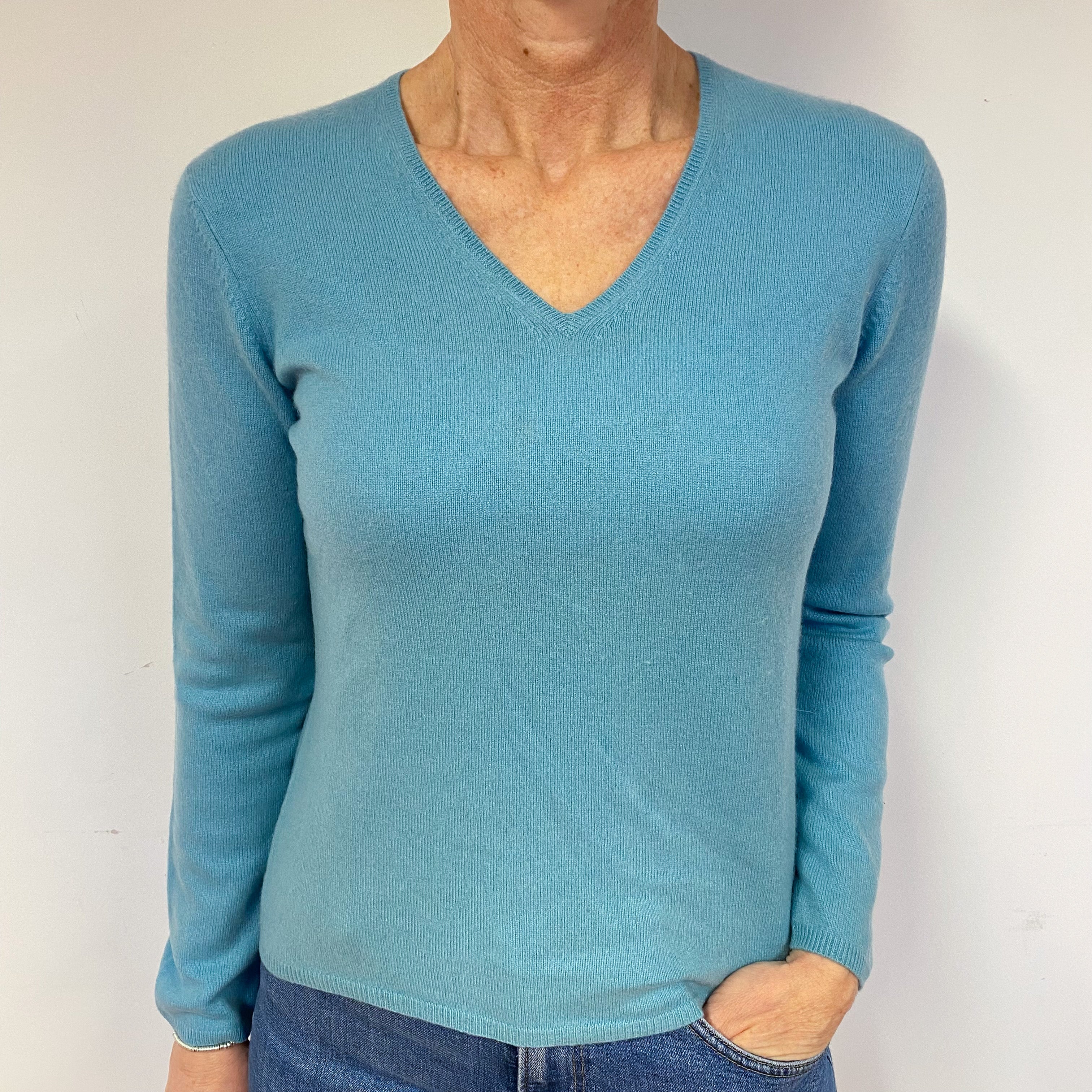 Aqua Blue Cashmere V-Neck Jumper Medium