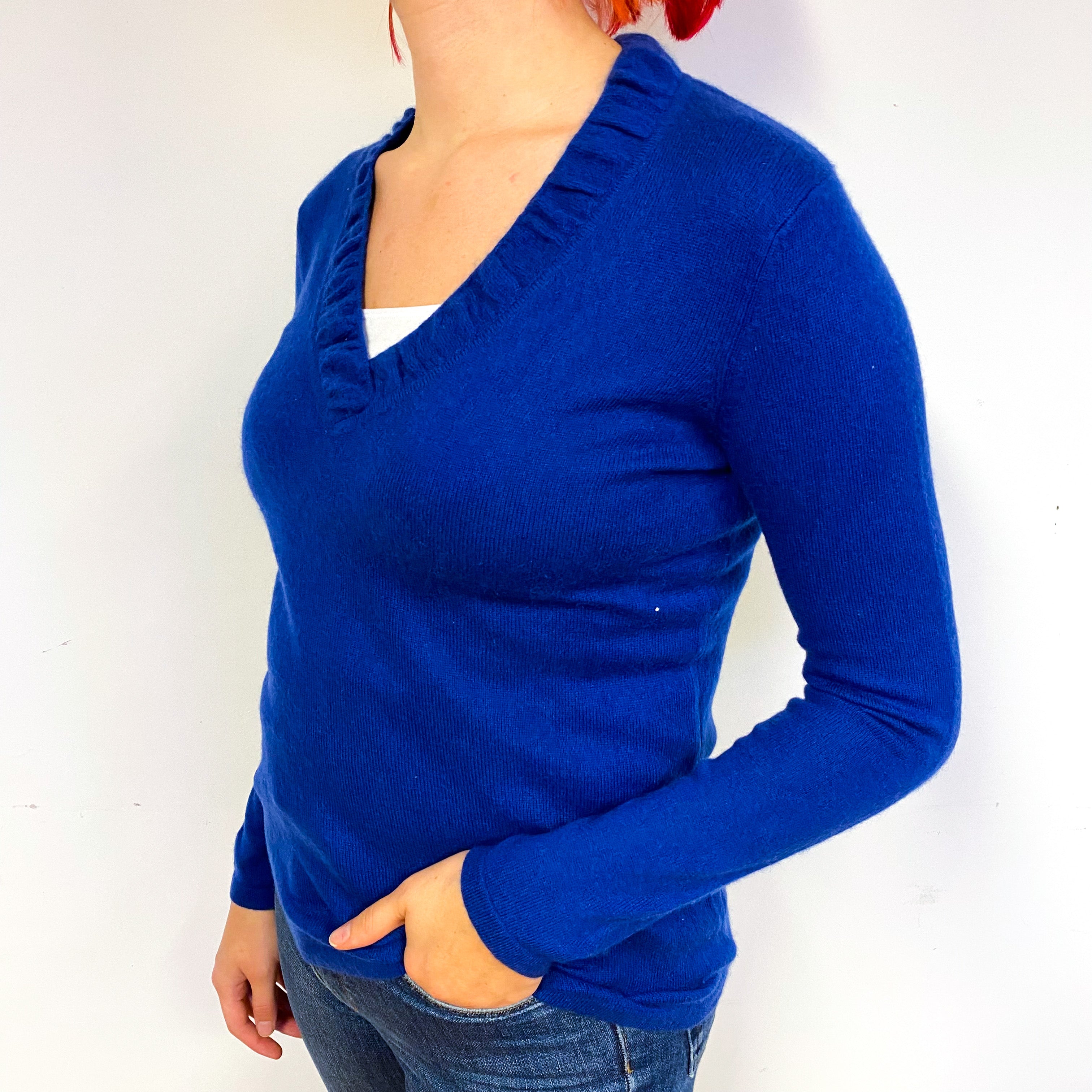 Admiral Blue Cashmere Ruched V-Neck Jumper Small