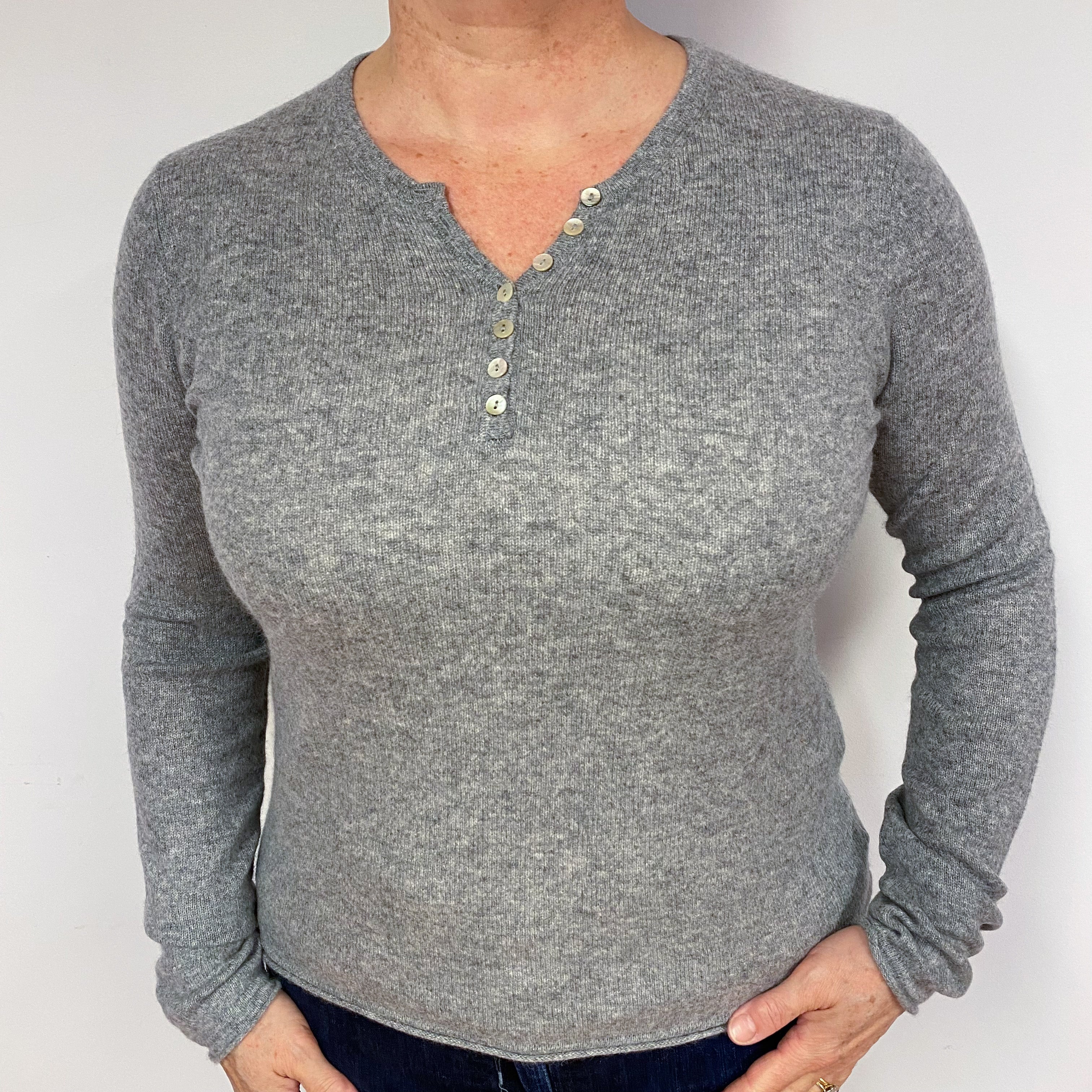 Ash Grey Buttoned Cashmere V-Neck Jumper Large