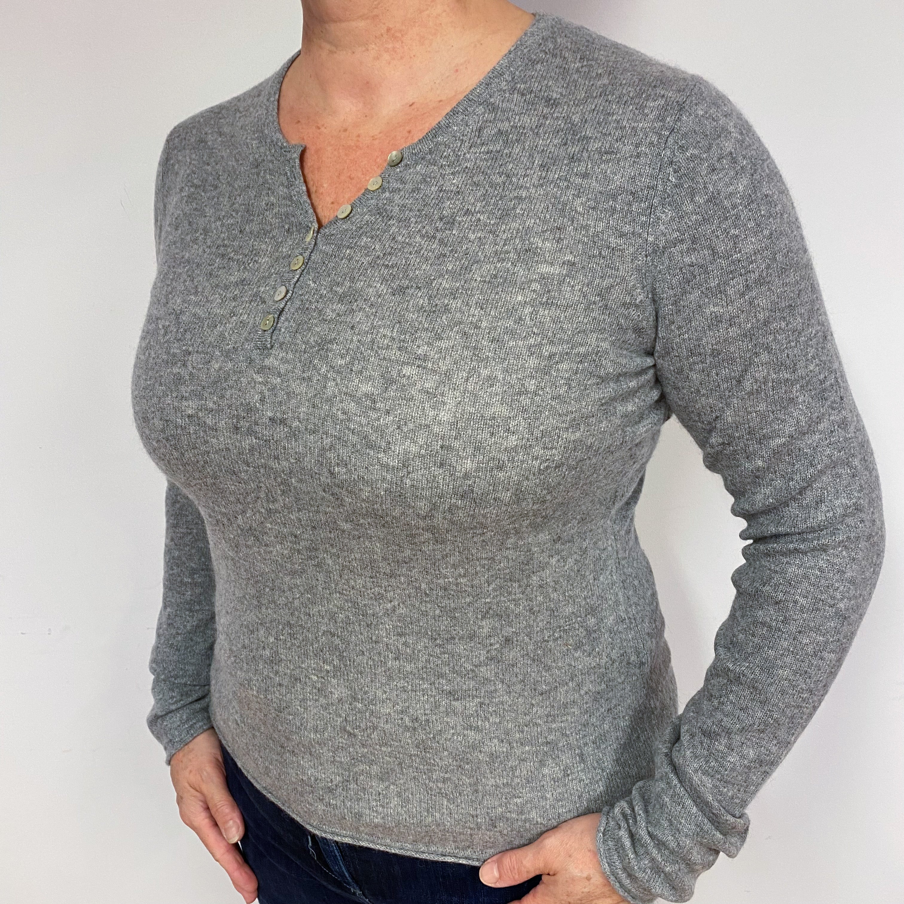 Ash Grey Buttoned Cashmere V-Neck Jumper Large