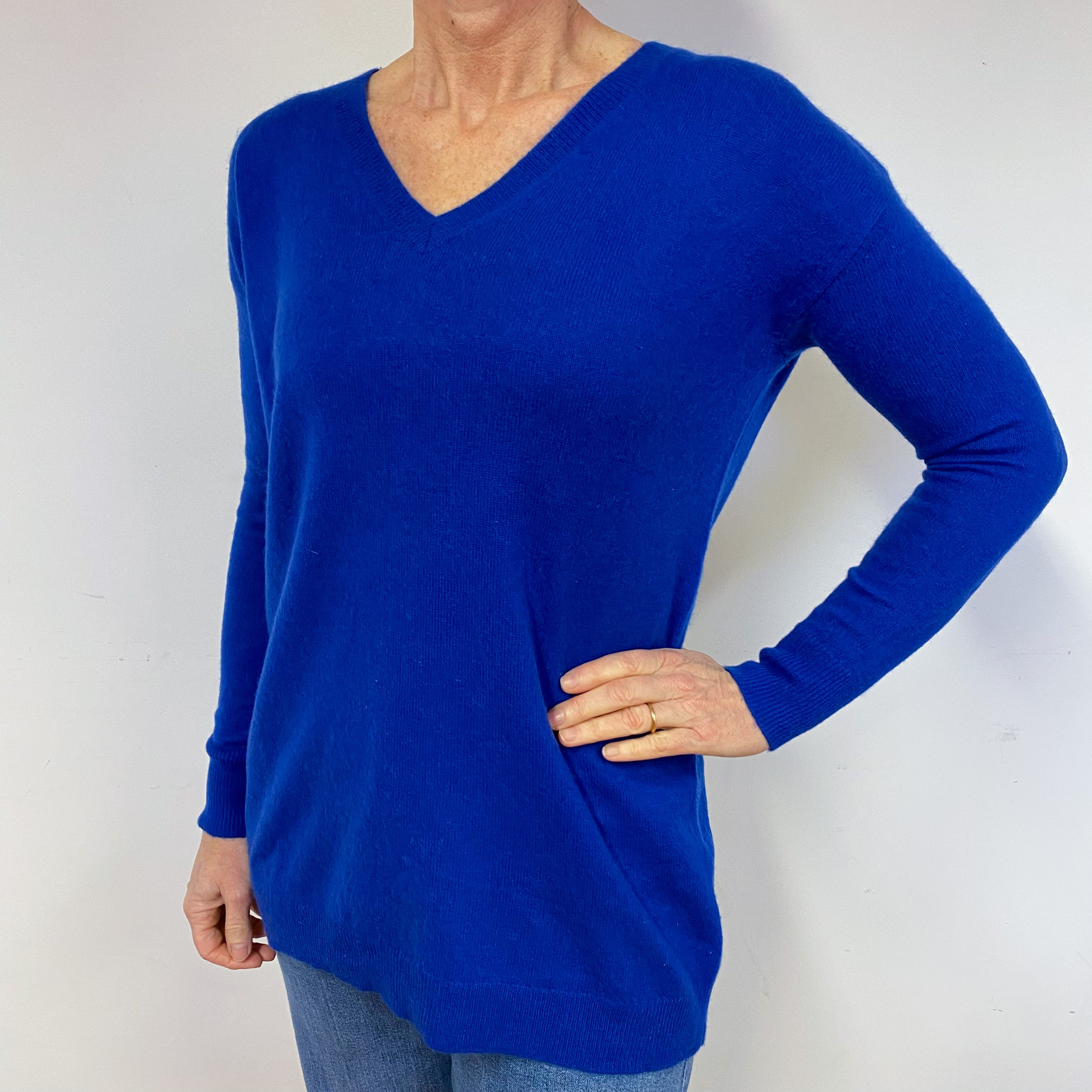 Admiral Blue Slouchy Cashmere V-Neck Jumper Medium