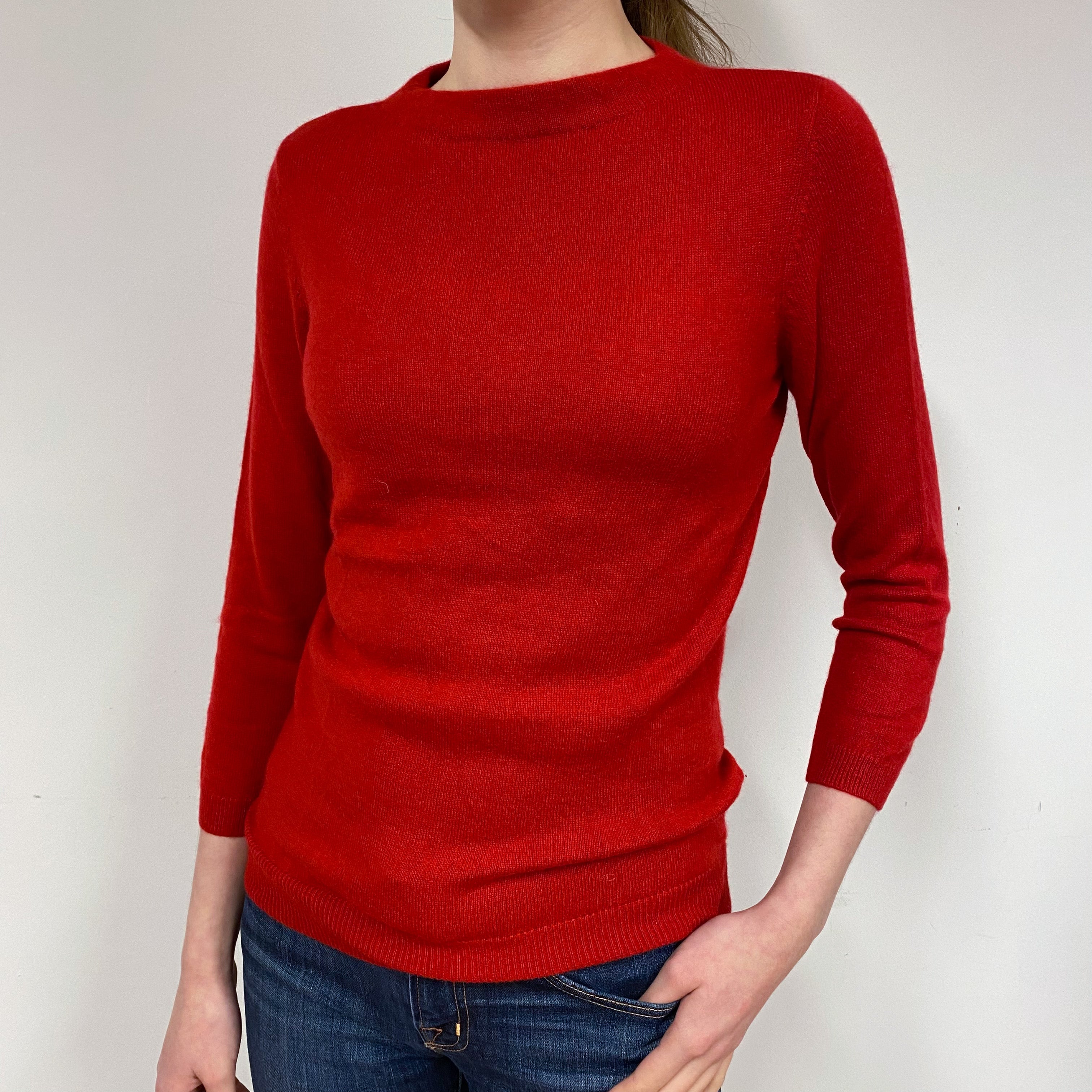 Berry Red 3/4 Sleeve Cashmere Crew Neck Jumper Extra Small