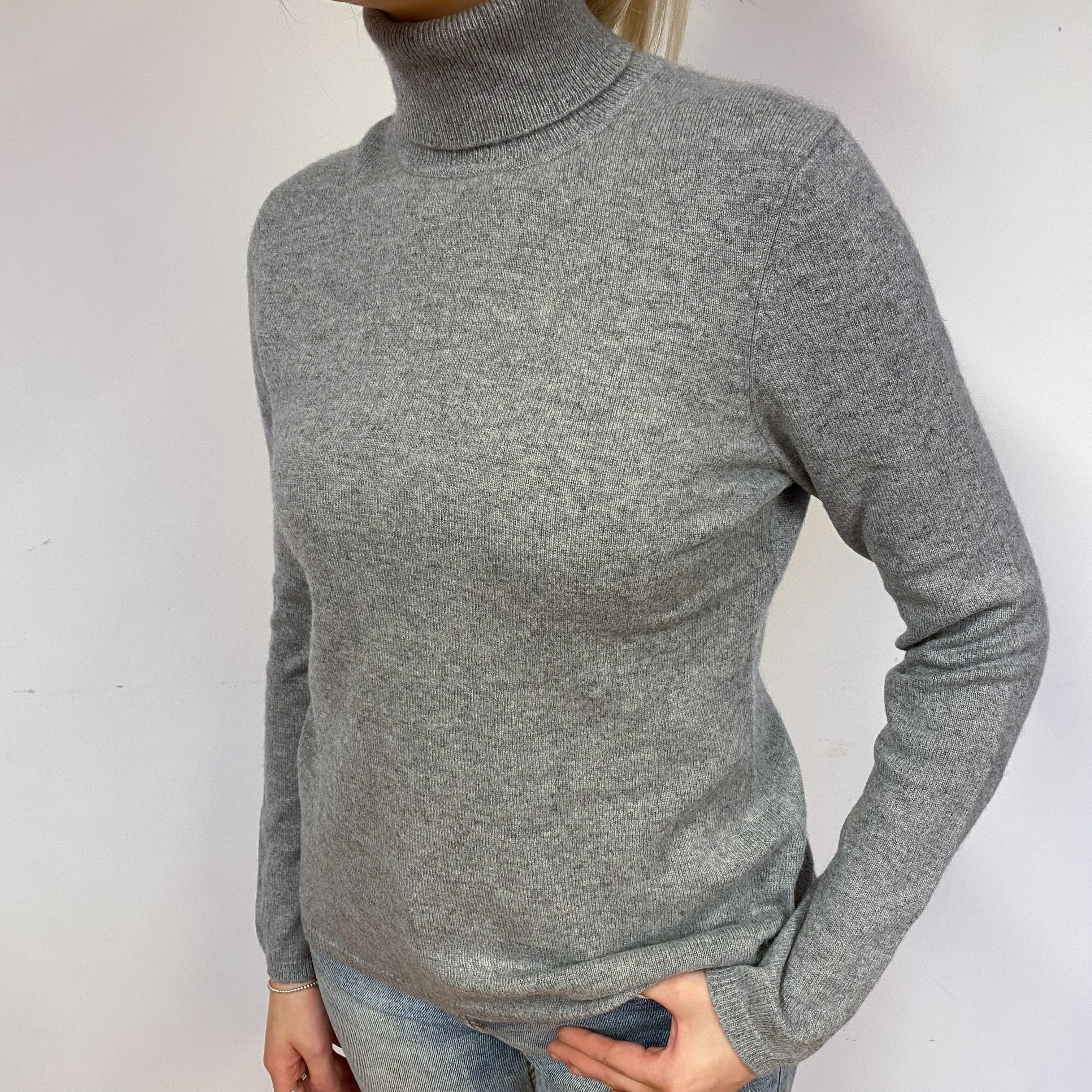 Ash Grey Cashmere Polo Neck Jumper Small