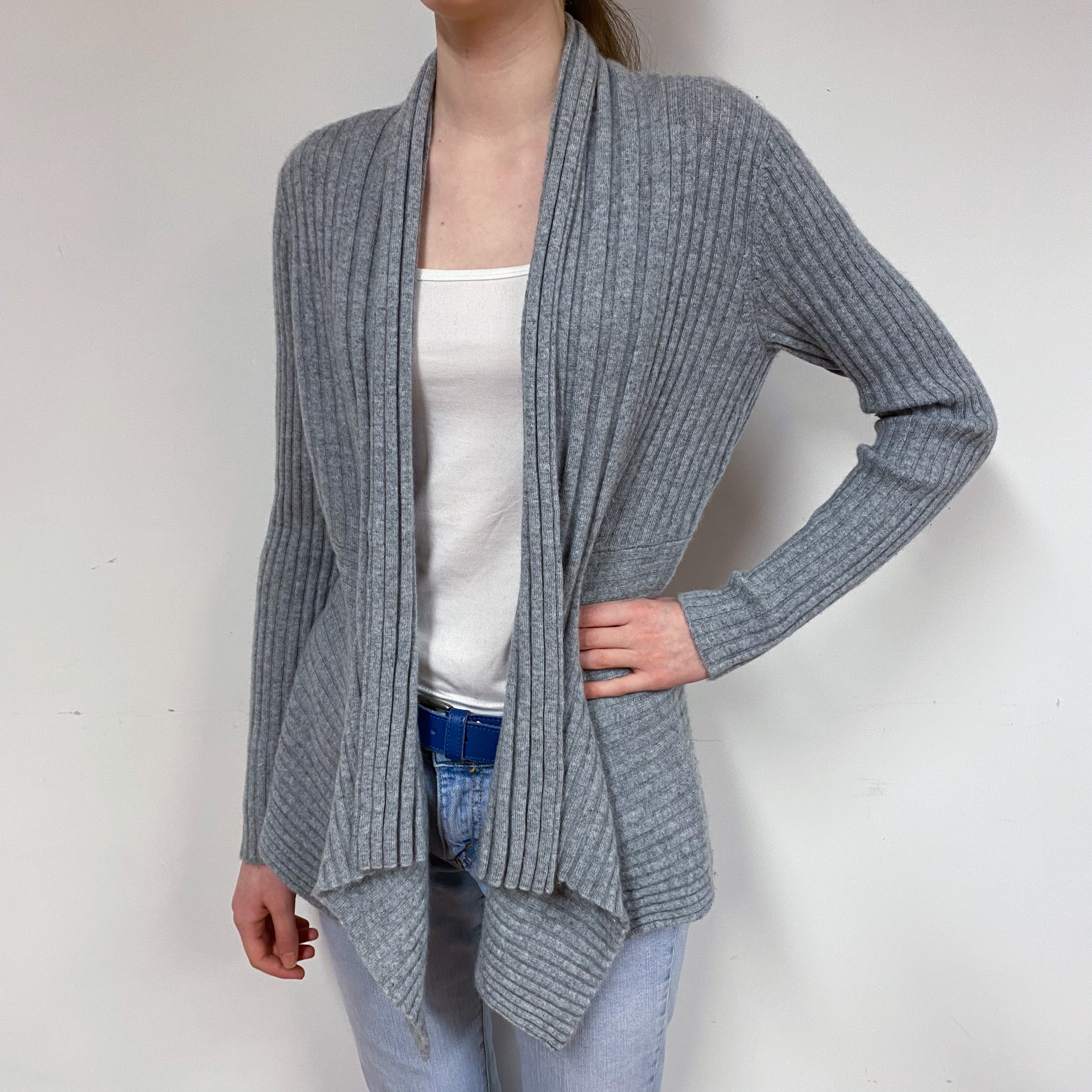 Ash Grey Ribbed Cashmere Waterfall Cardigan Extra Small