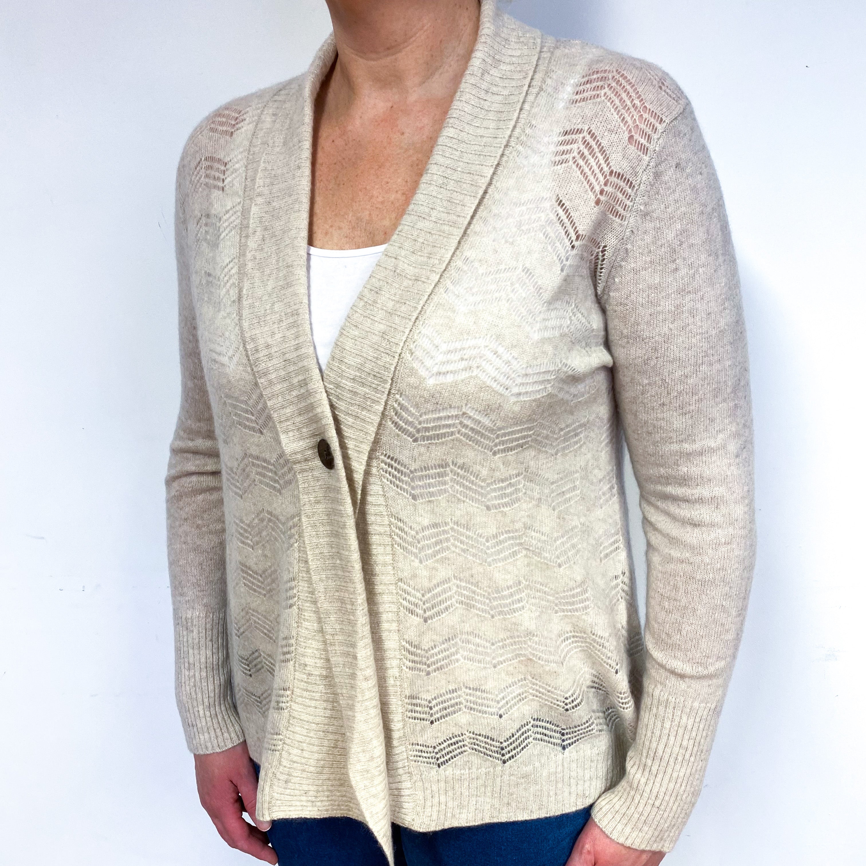 Beige Lace Knit Cashmere V-Neck Cardigan Large