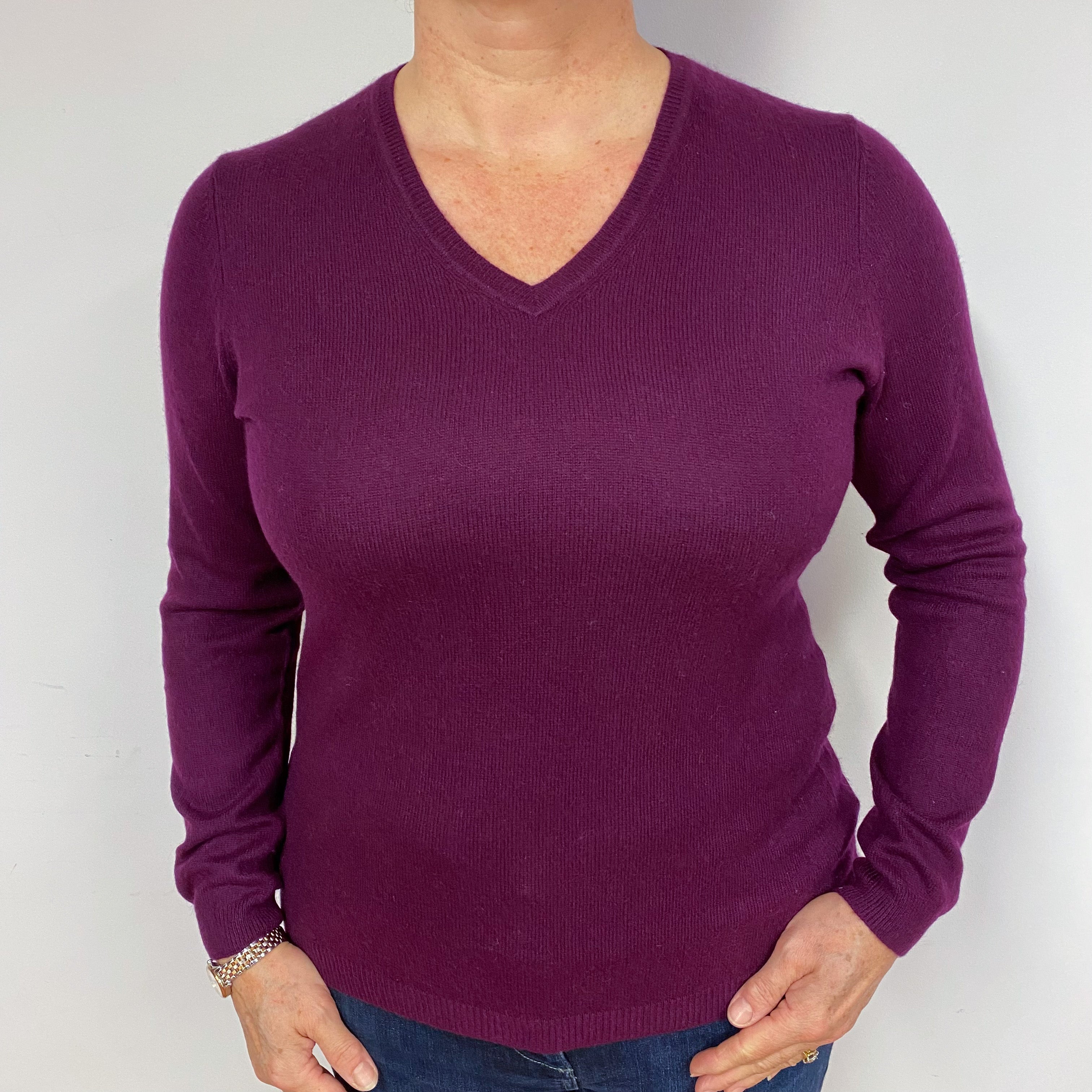 Aubergine Purple Cashmere V-Neck Jumper Large