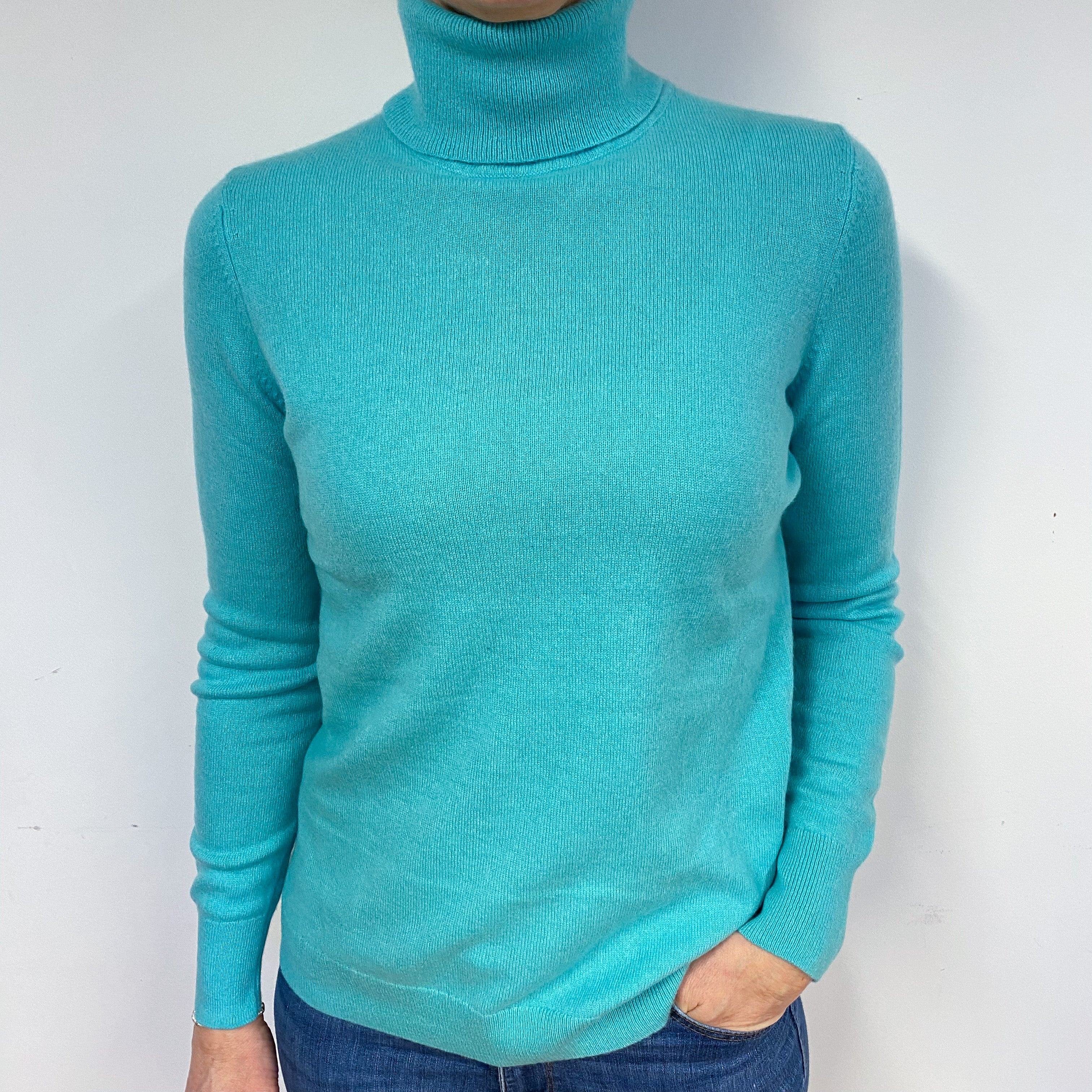 Aqua Green Cashmere Polo Neck Jumper Medium