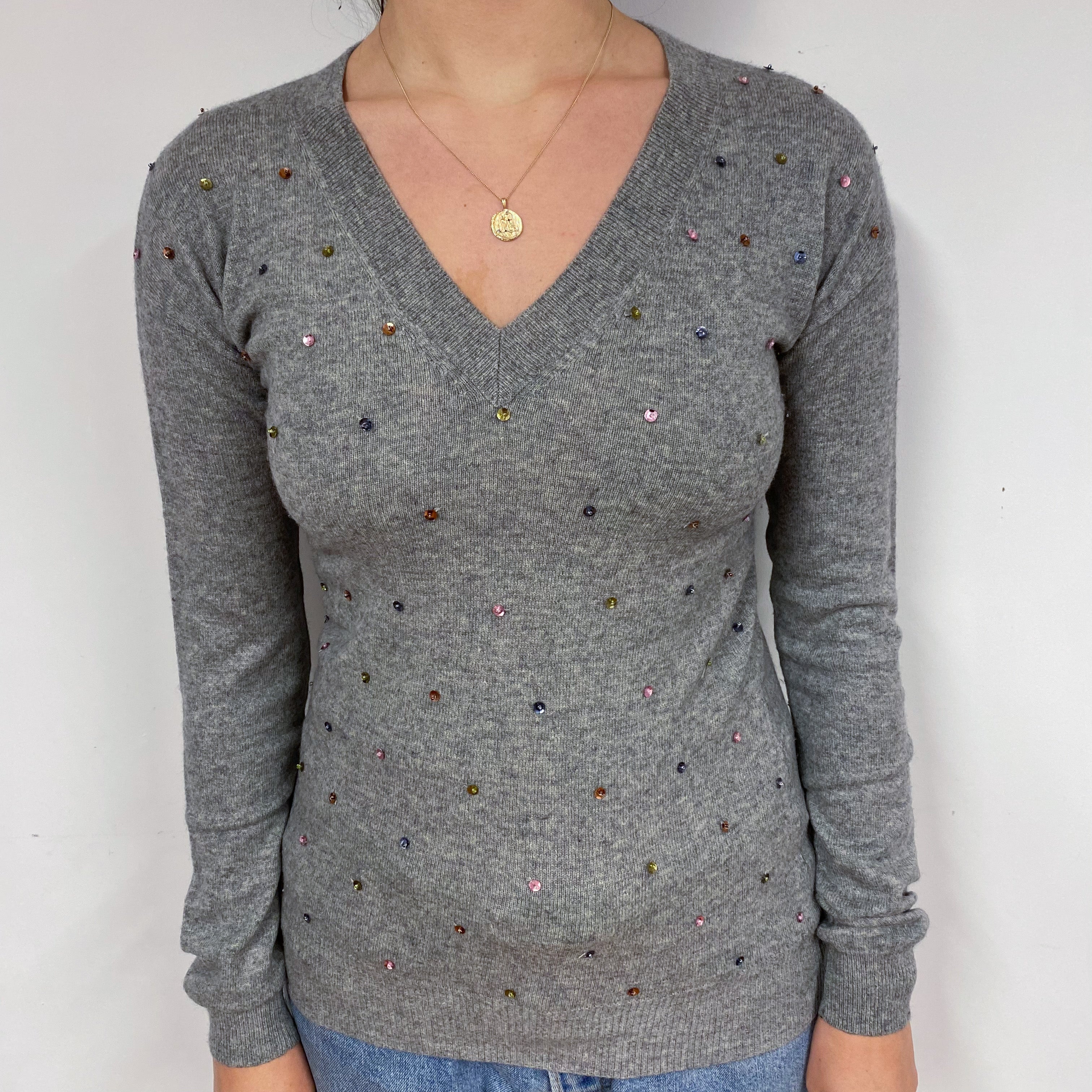 Ash Grey Sequin Cashmere V-Neck Jumper Small