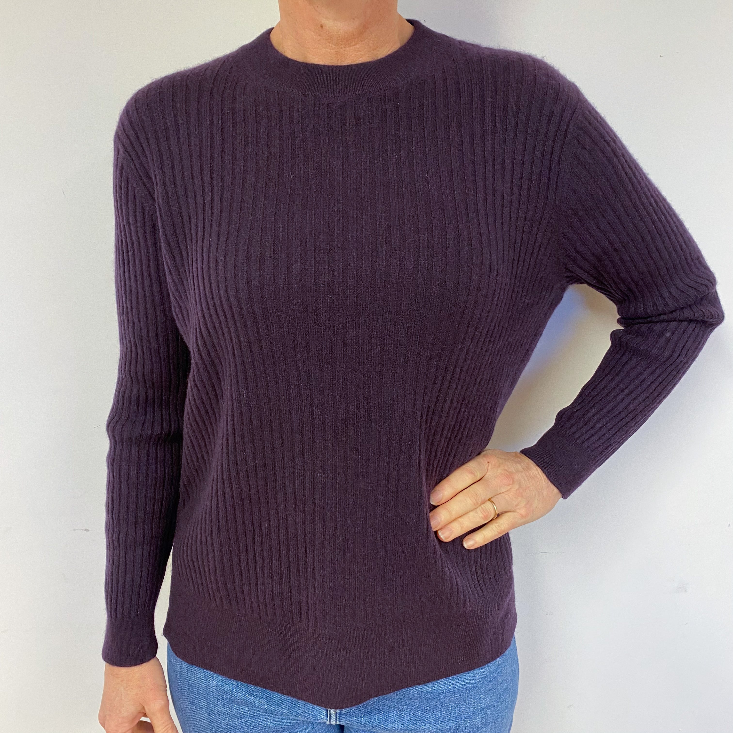 Aubergine Purple Ribbed Cashmere Crew Neck Jumper Medium