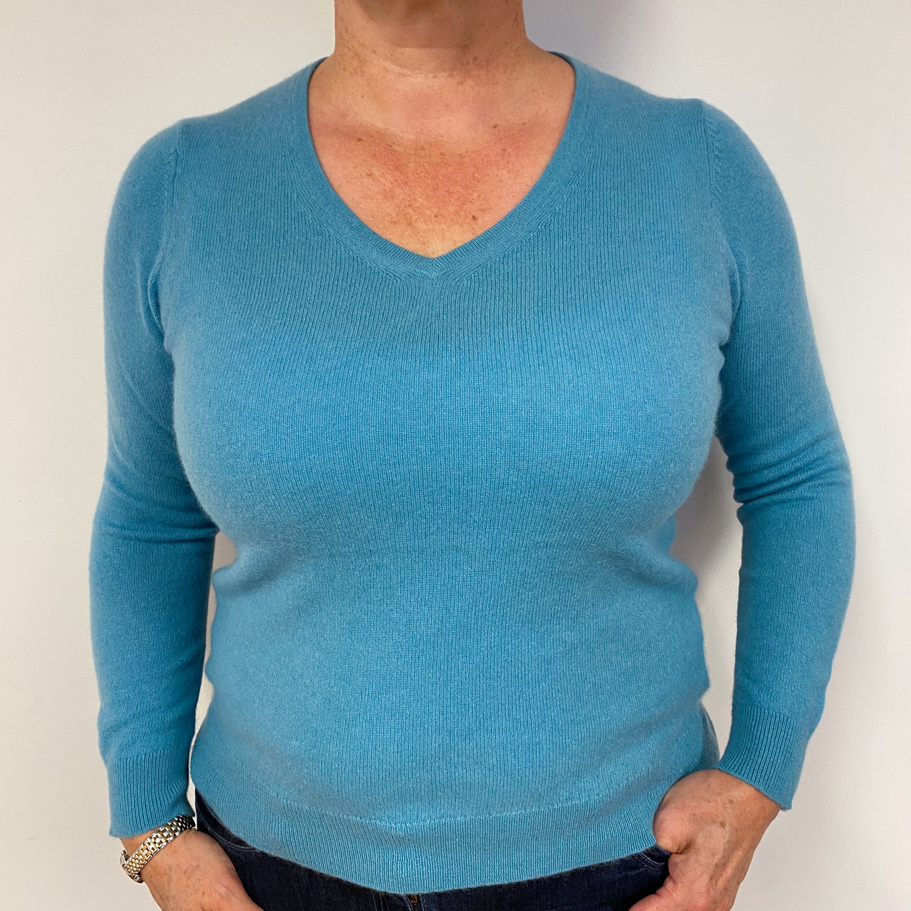 Aqua Blue Cashmere V-Neck Jumper Large