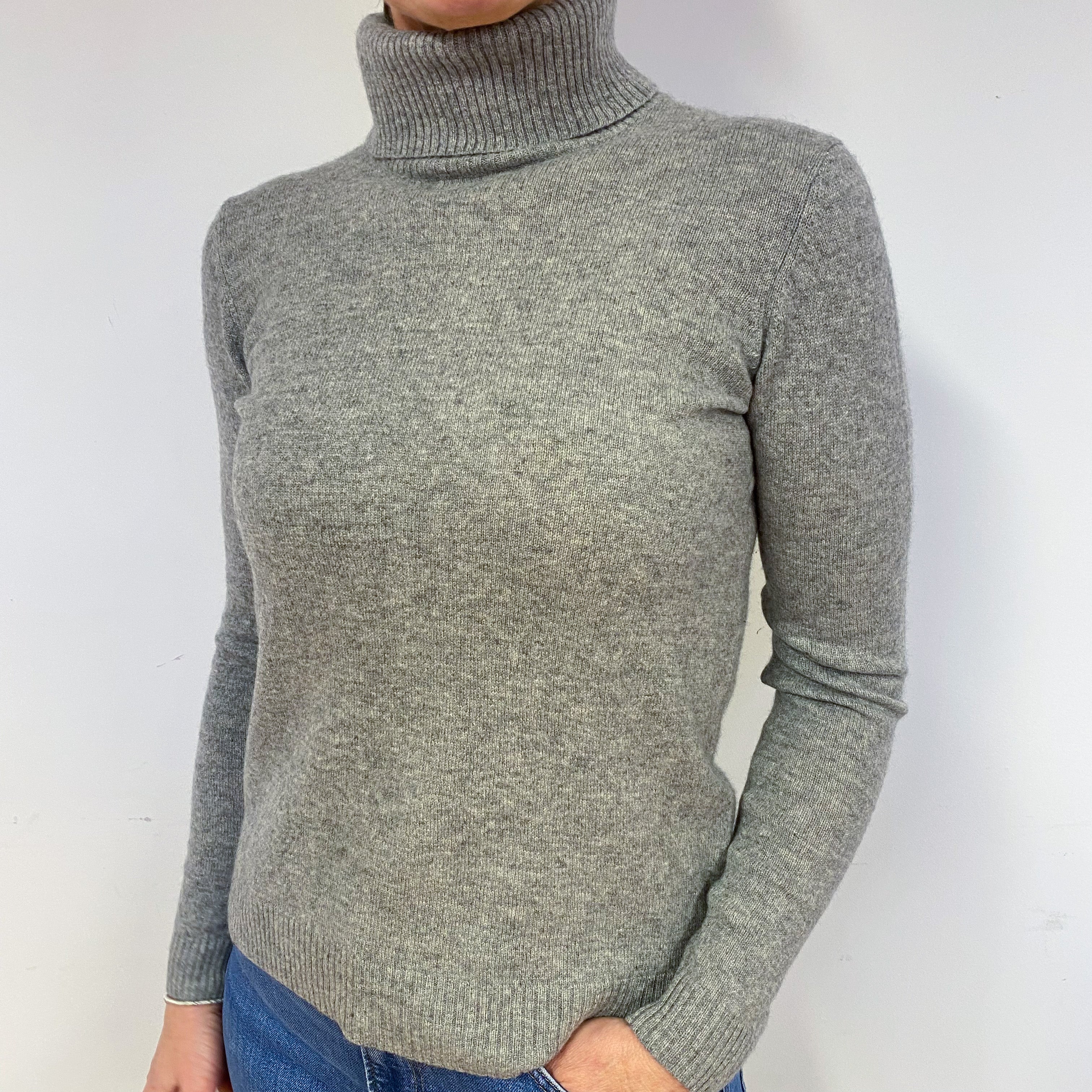 Ash Grey Cashmere Polo Neck Jumper Medium