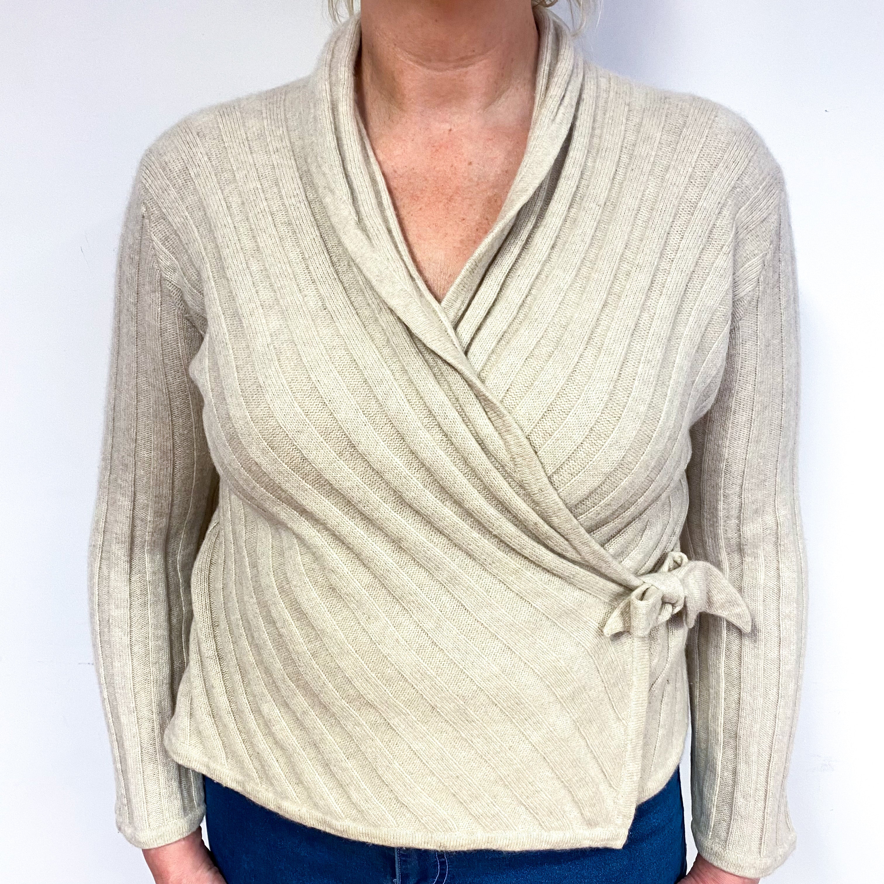 Beige Ribbed Cross-Over Cashmere V-Neck Jumper Large