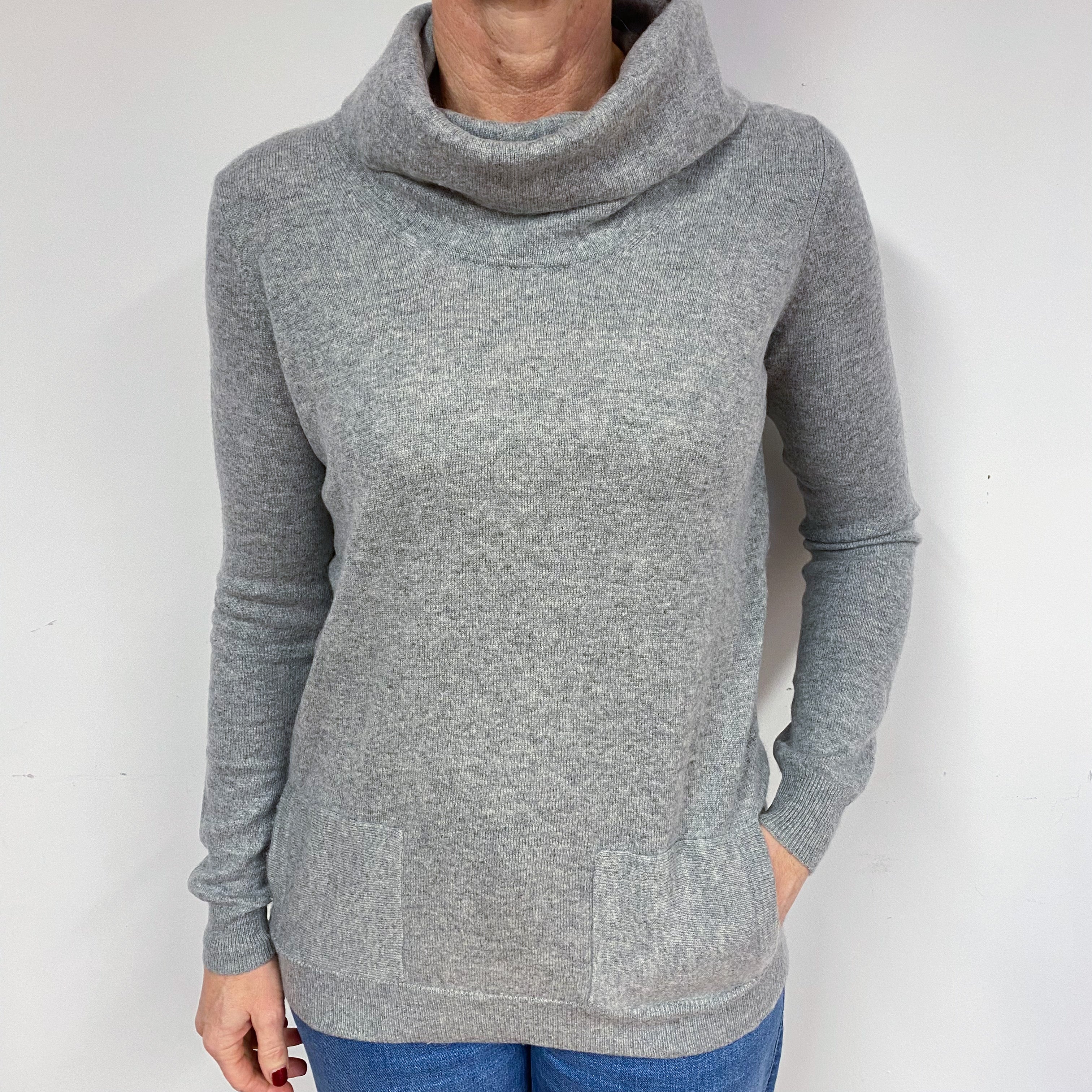 Ash Grey Cashmere Polo Neck Jumper with Pockets Medium