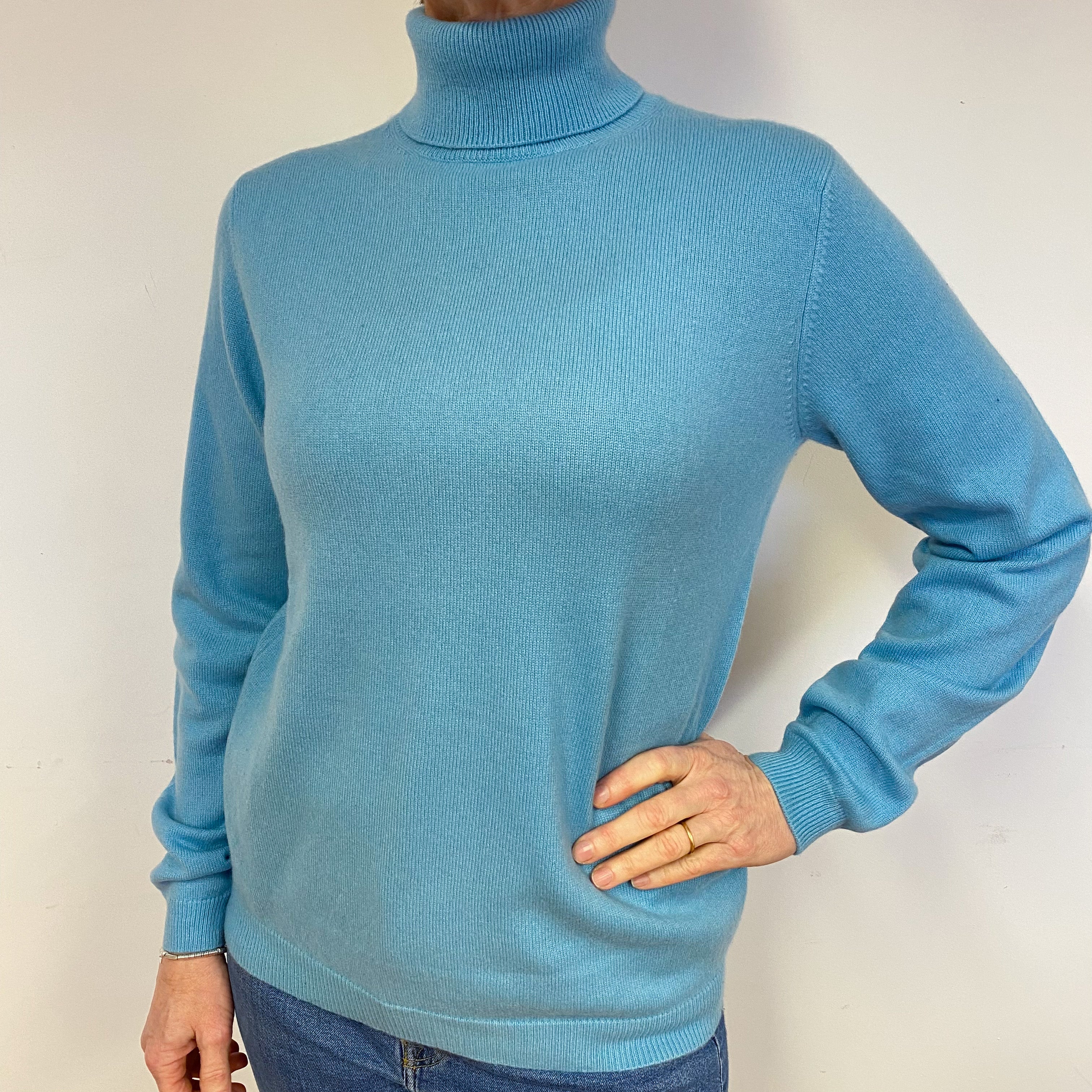 Aqua Blue Cashmere Polo Neck Jumper Medium