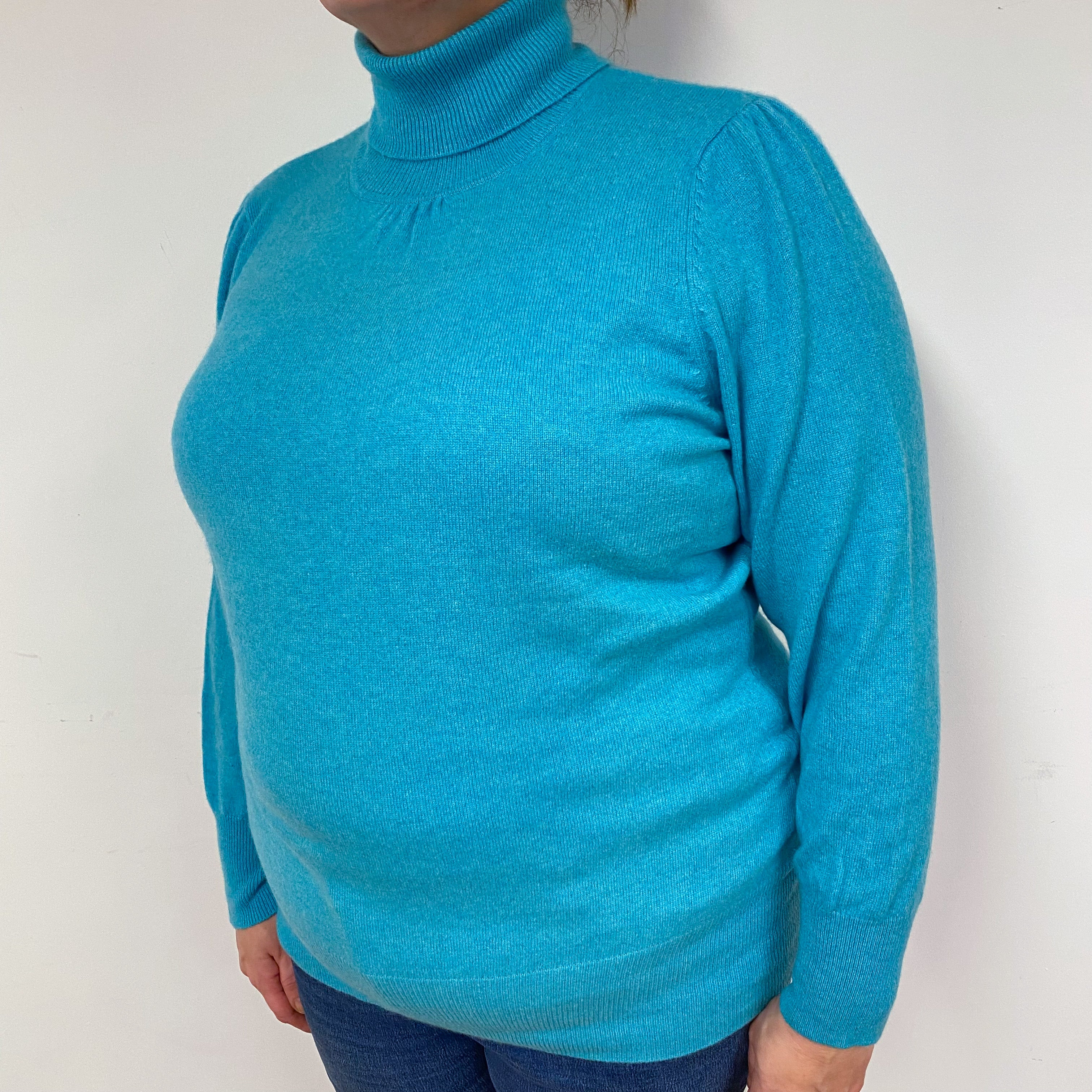 Aqua Green Cashmere Polo Neck Jumper Extra Large