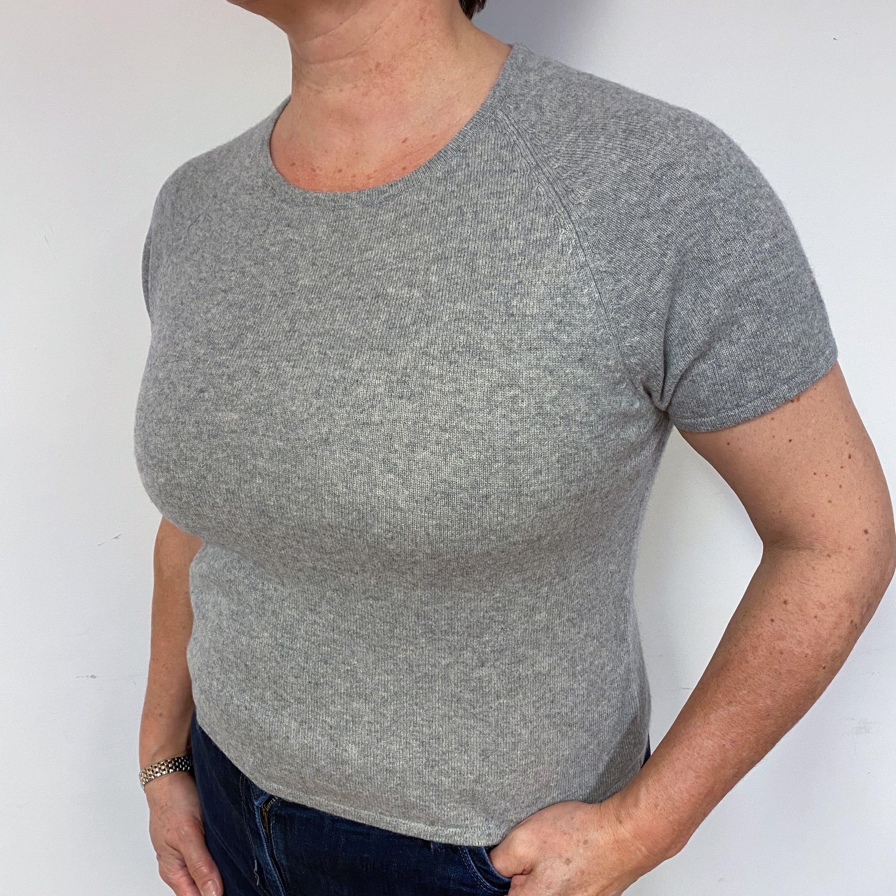 Ash Grey Cashmere Short Sleeved Jumper Large