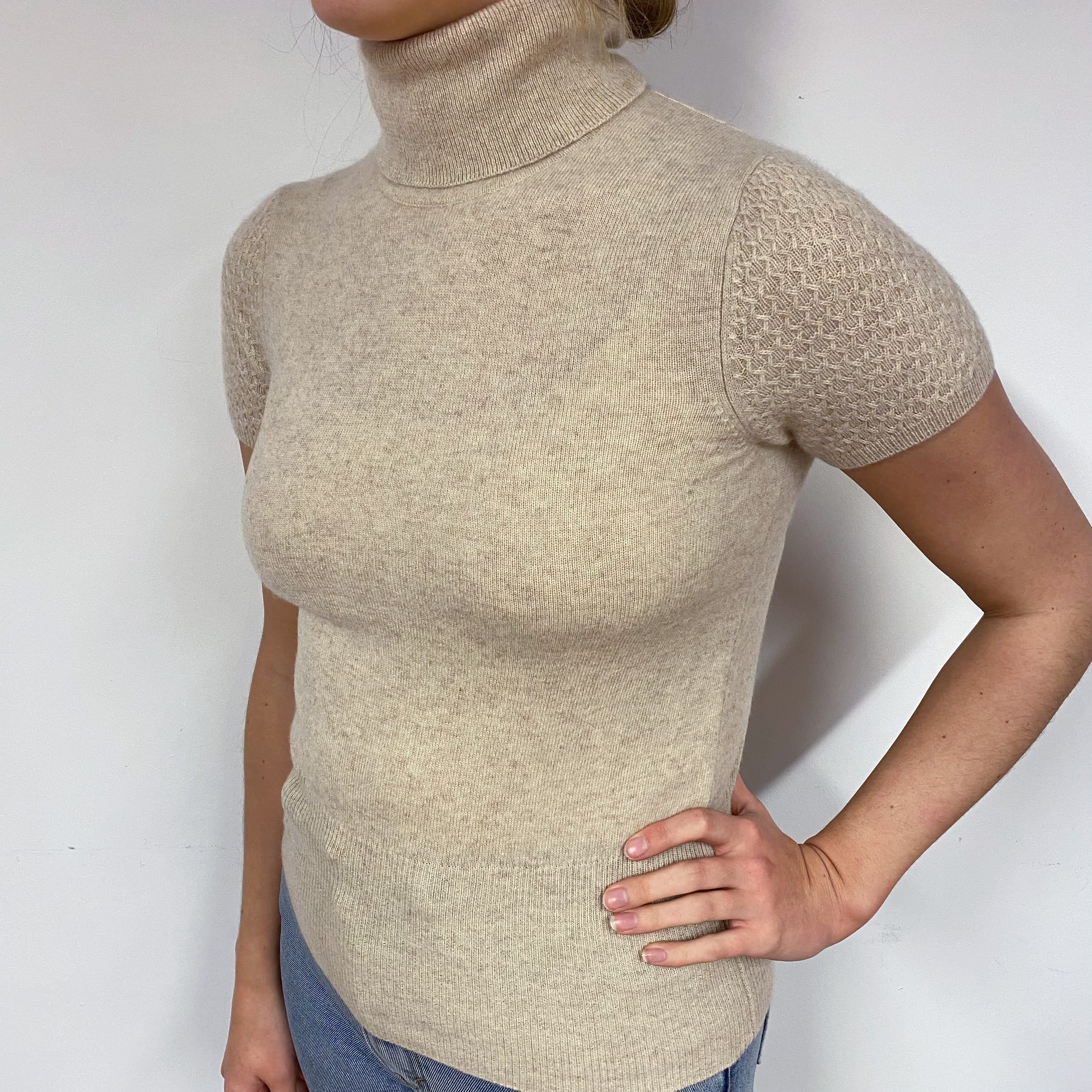 Beige Cashmere Short Sleeved  Polo Neck Jumper Small