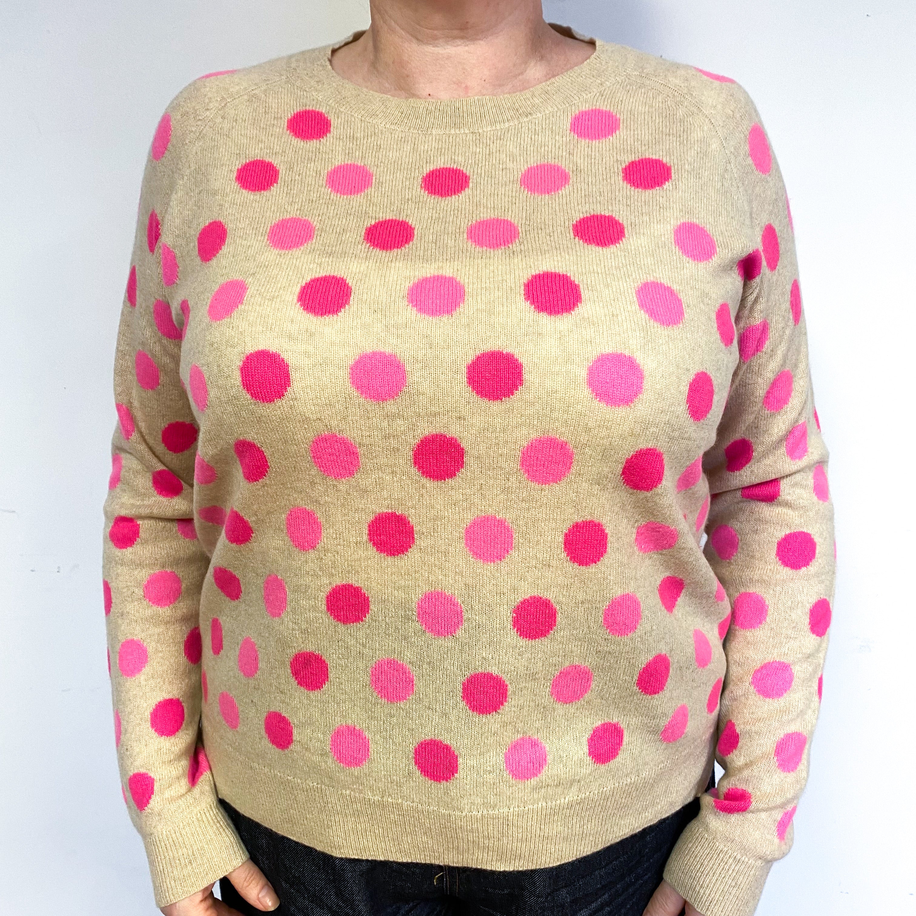 Beige Pink Polka Dot Cashmere Crew Neck Jumper Large