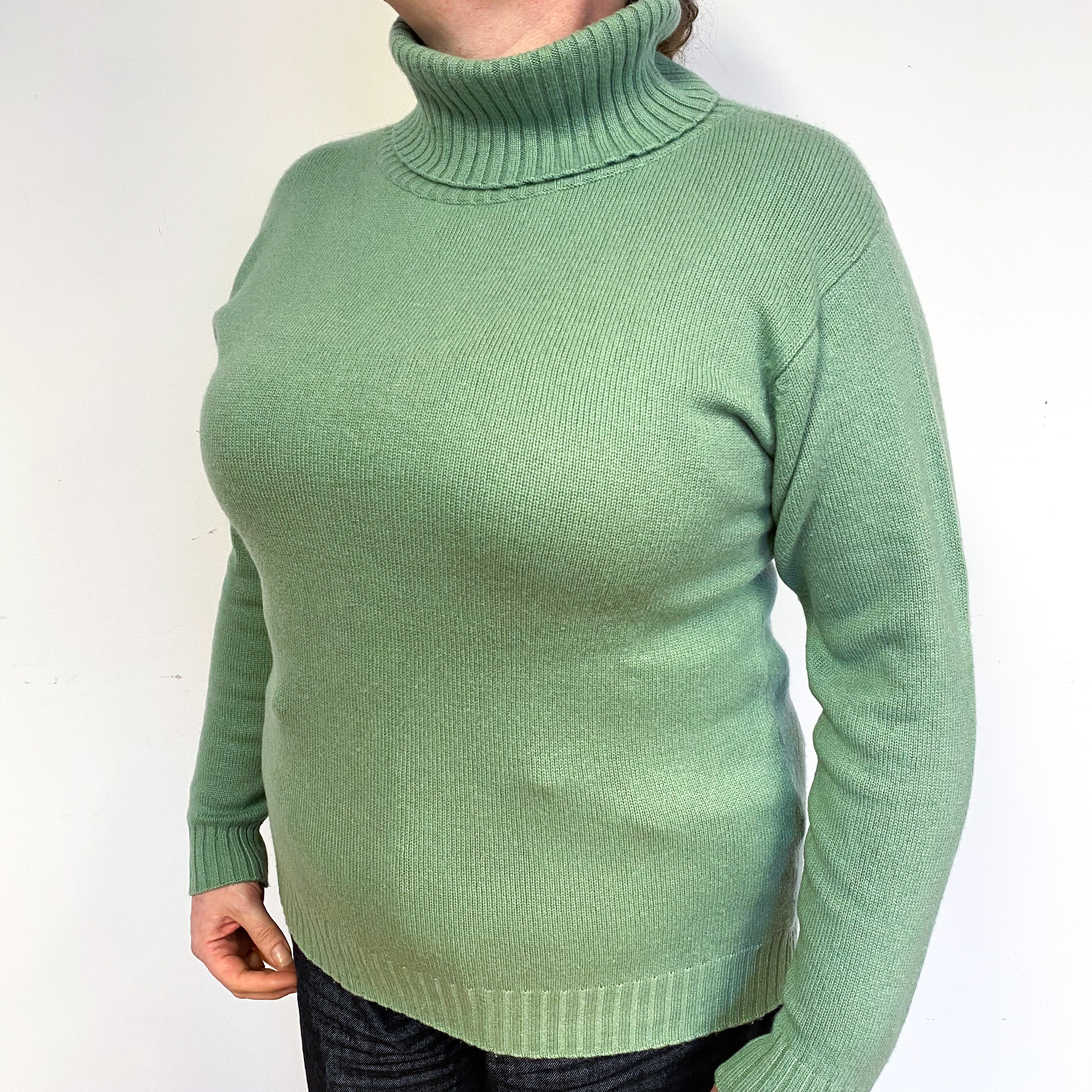 Apple Green Cashmere Polo Neck Jumper Large