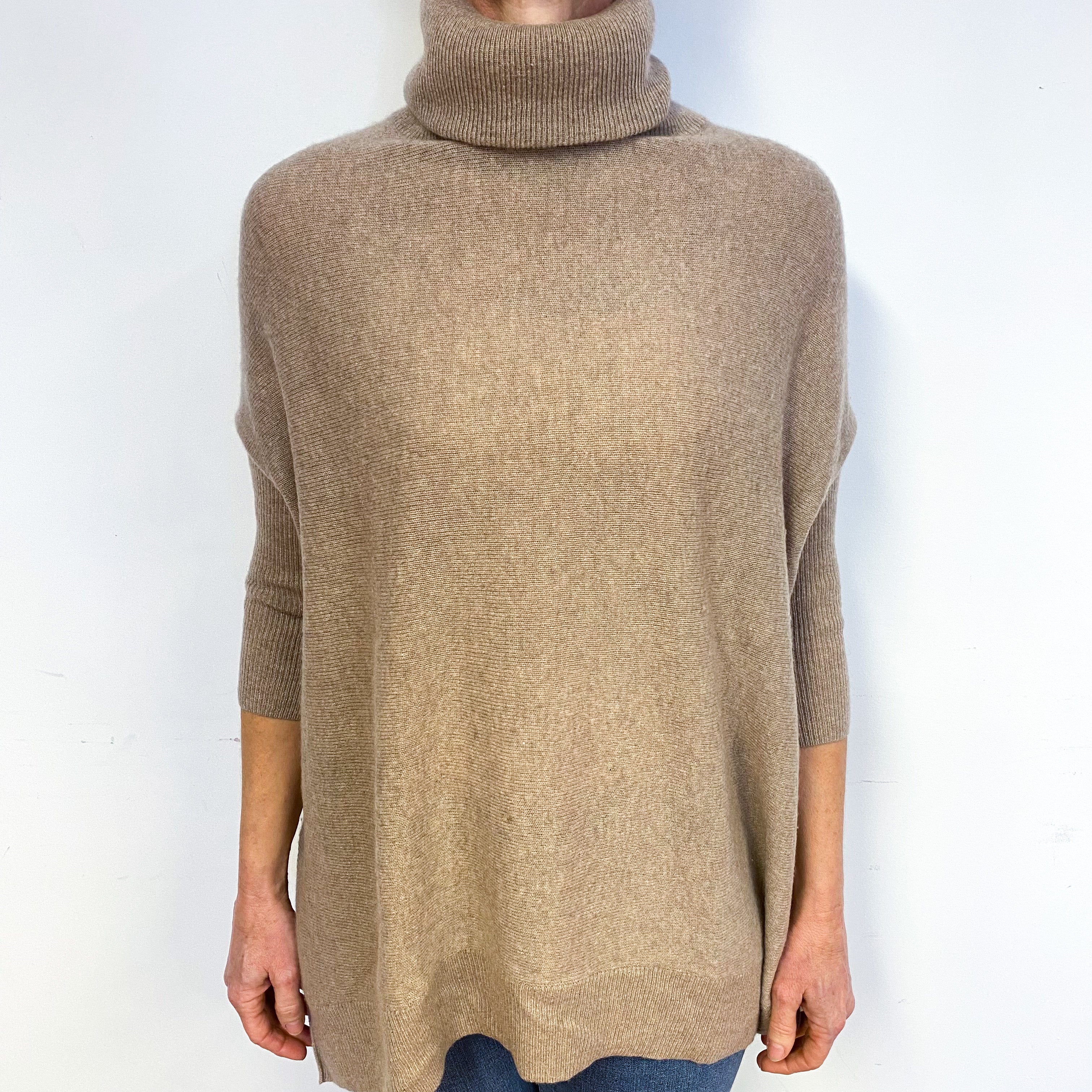 Beige Brown Batwing Cashmere Polo Neck Jumper Medium