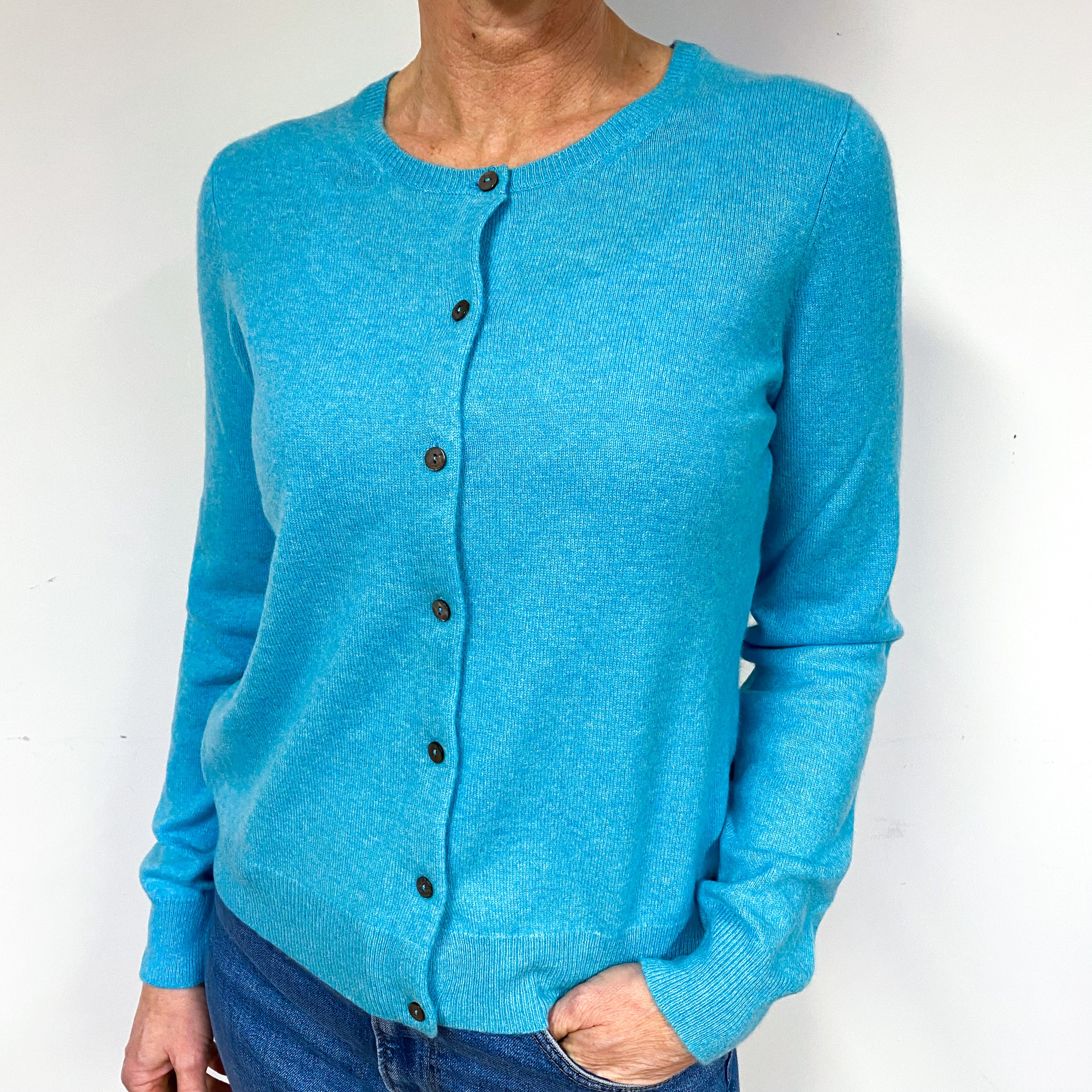 Aqua Green Cashmere Crew Neck Cardigan Medium