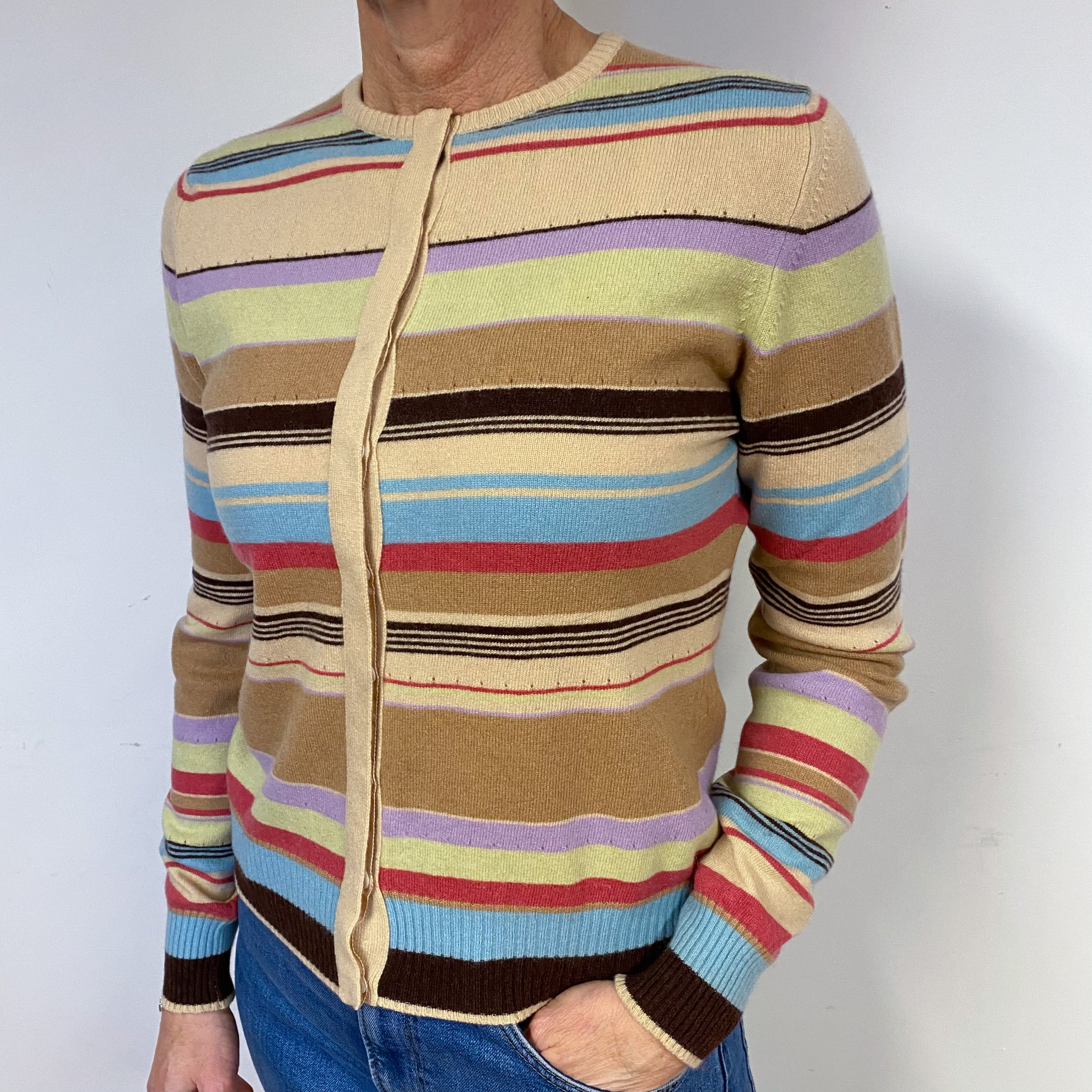 Beige Striped Cashmere Crew Neck Cardigan Medium