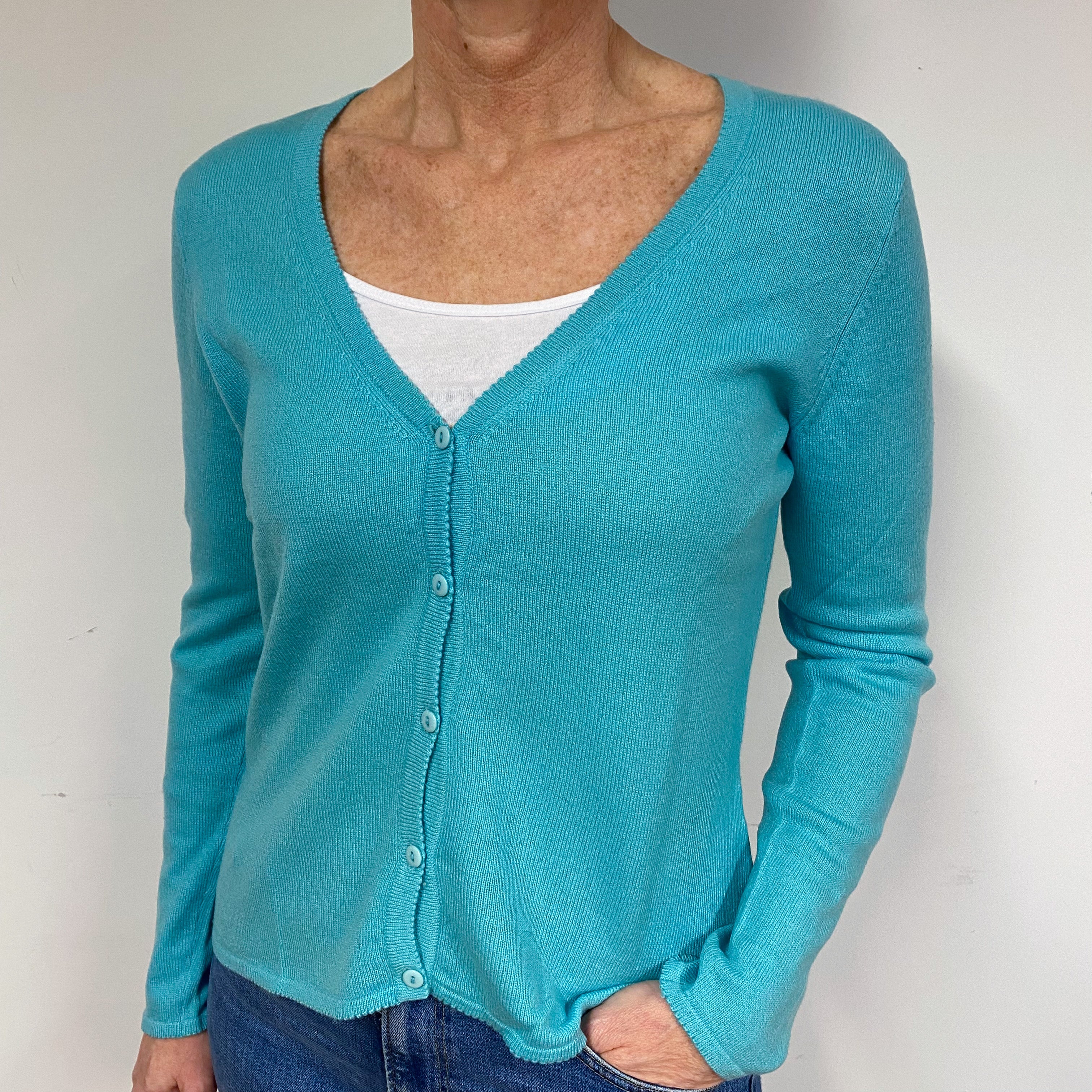 Aqua Blue Cashmere V-Neck Cardigan Medium