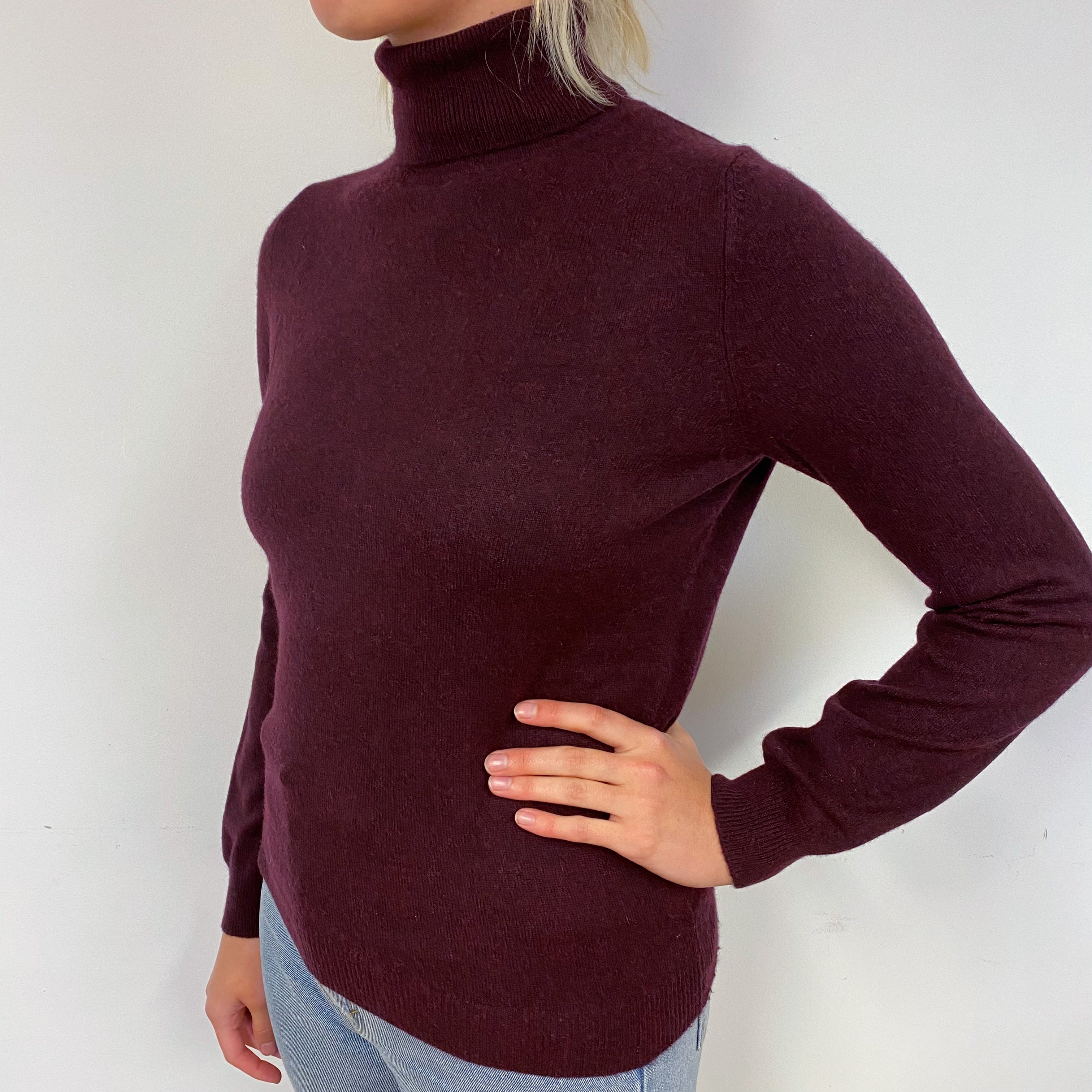 Aubergine Purple Cashmere Polo Neck Jumper Small