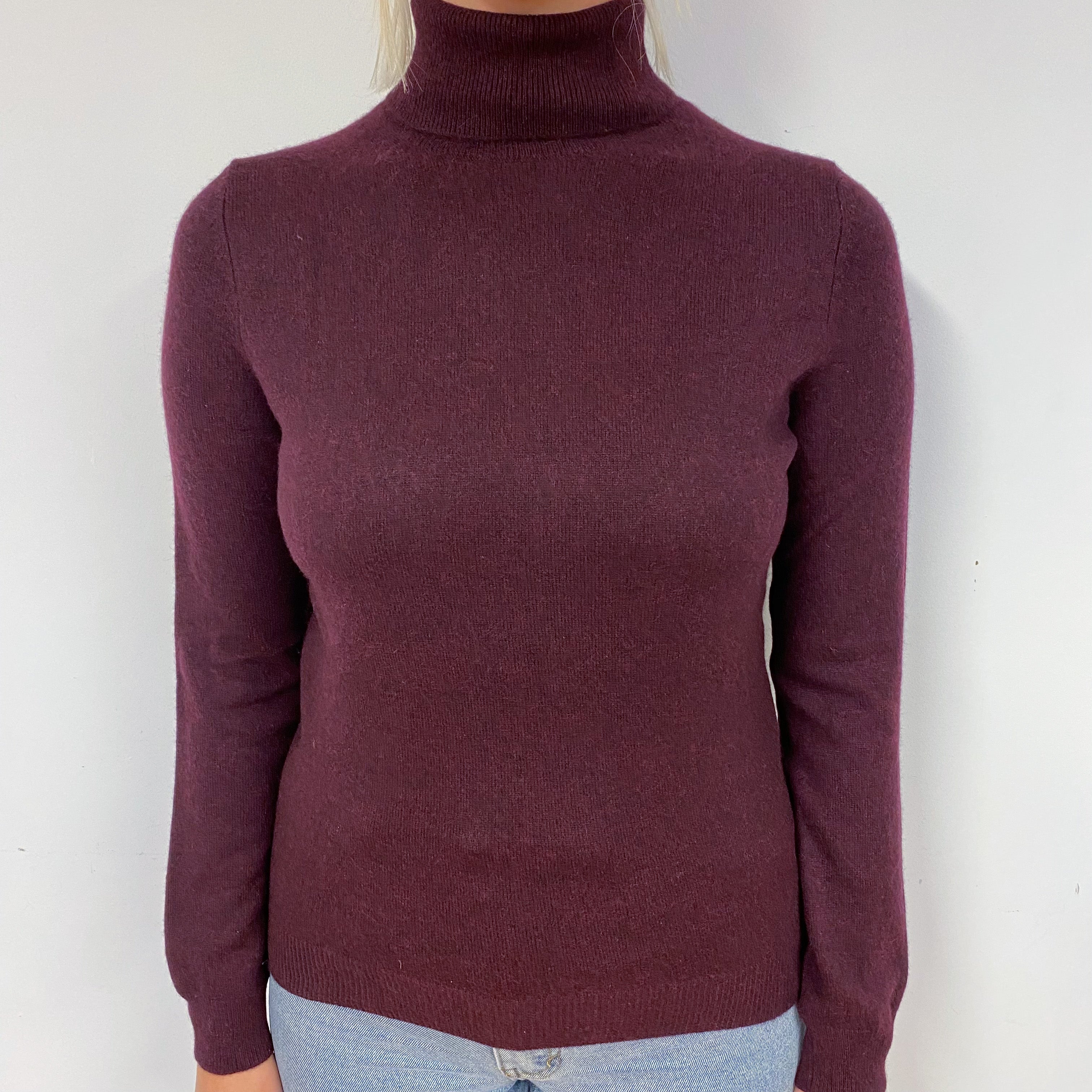 Aubergine Purple Cashmere Polo Neck Jumper Small