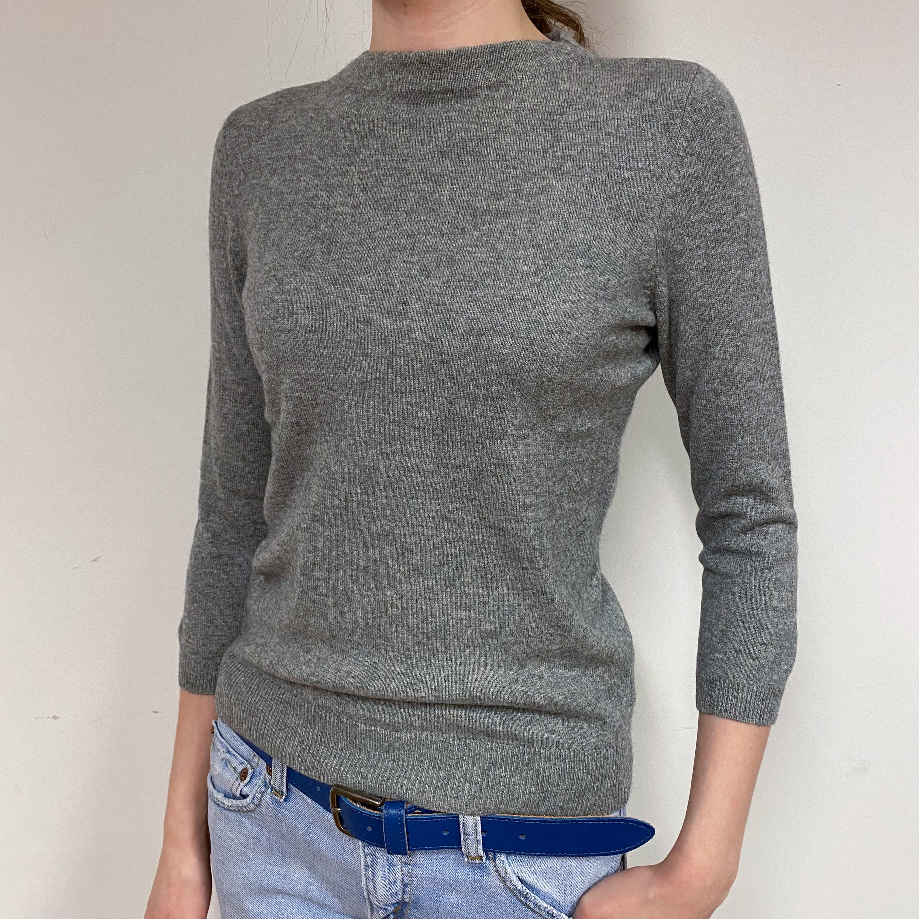 Ash Grey 3/4 Sleeve Cashmere Crew Neck Jumper Extra Small