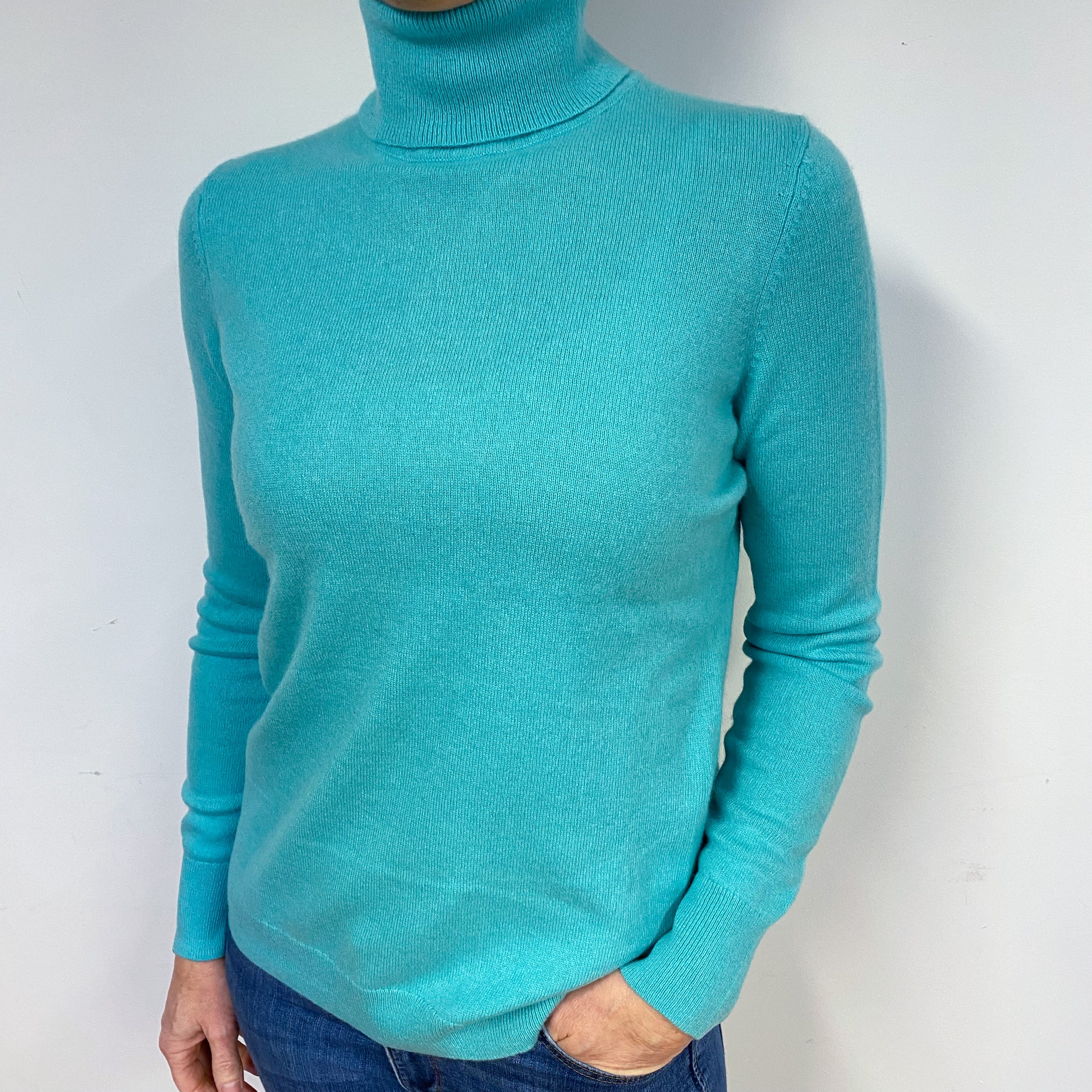 Aqua Green Cashmere Polo Neck Jumper Medium