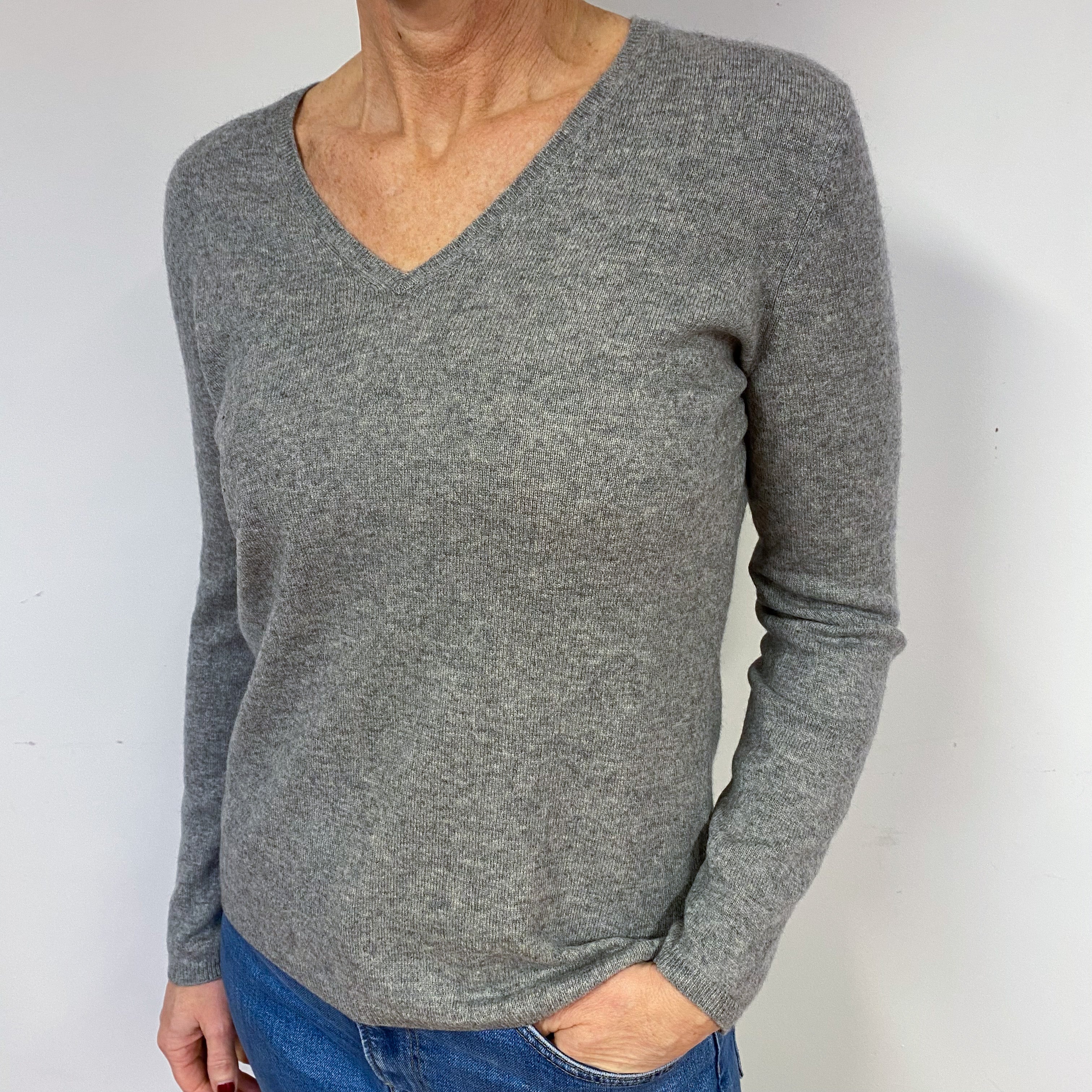 Ash Grey Cashmere V-Neck Jumper Medium