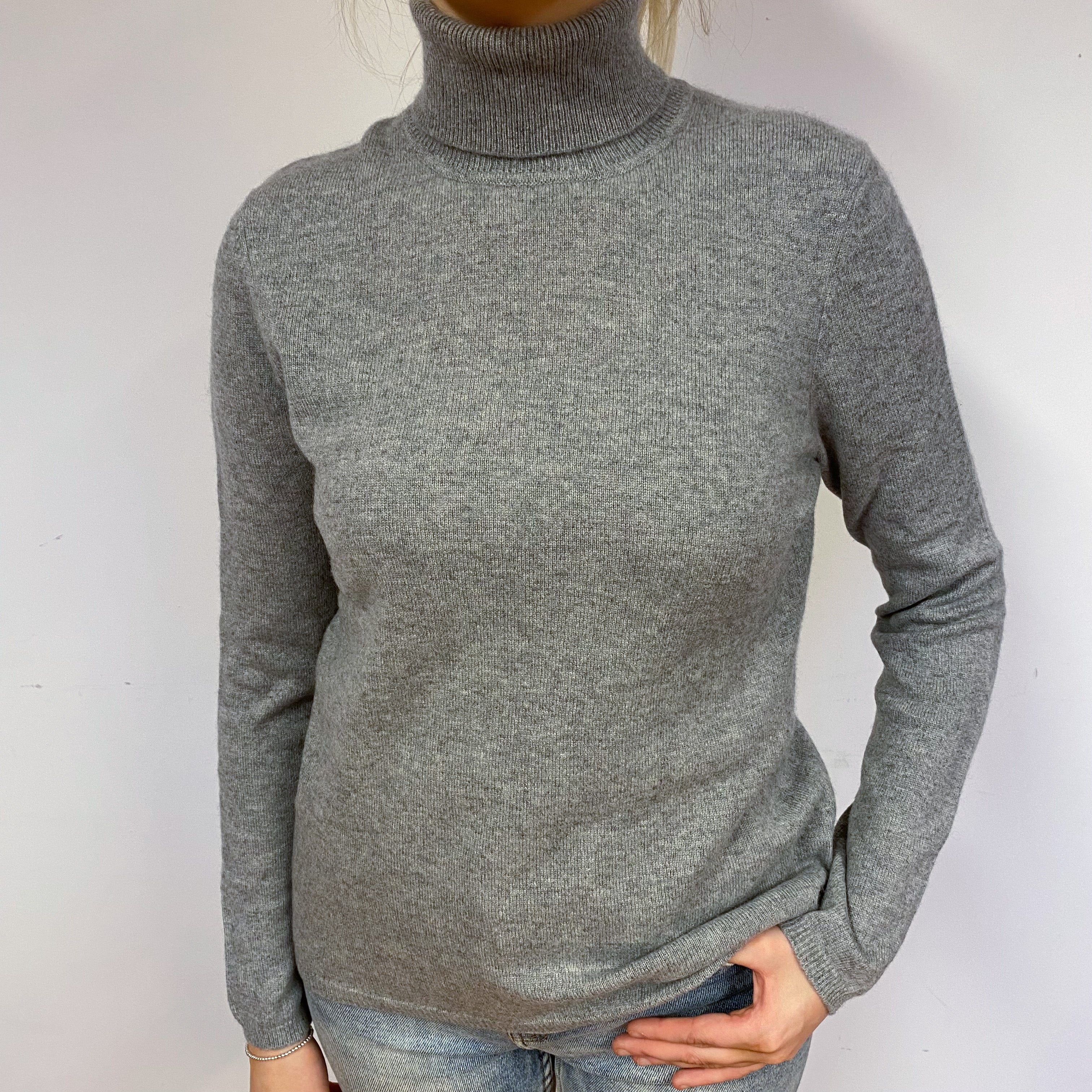 Ash Grey Cashmere Polo Neck Jumper Small