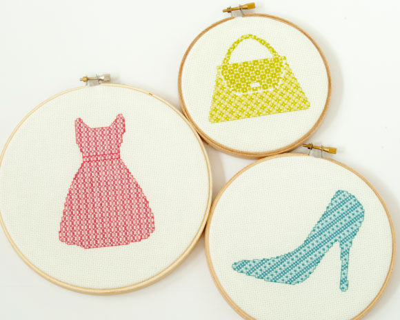 Modern cross stitch pattern - retro pink dress, lime green purse, blue pump shoe