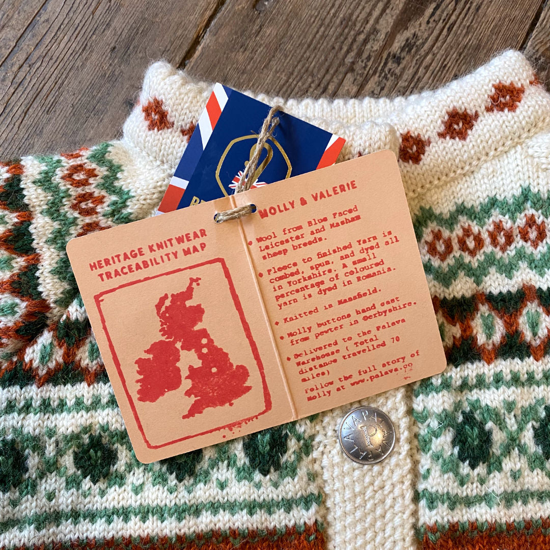 Close up of a knitted wool cardigan and its label