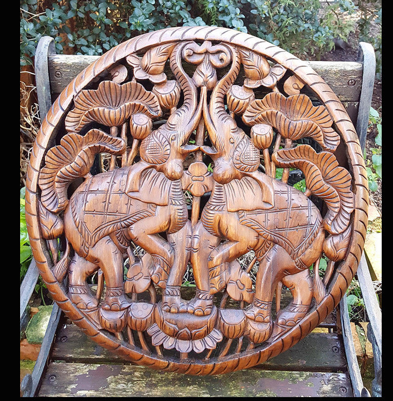 Asian Home Decor - Carved Solid Wood 2Ft Rounded Elephants -4201