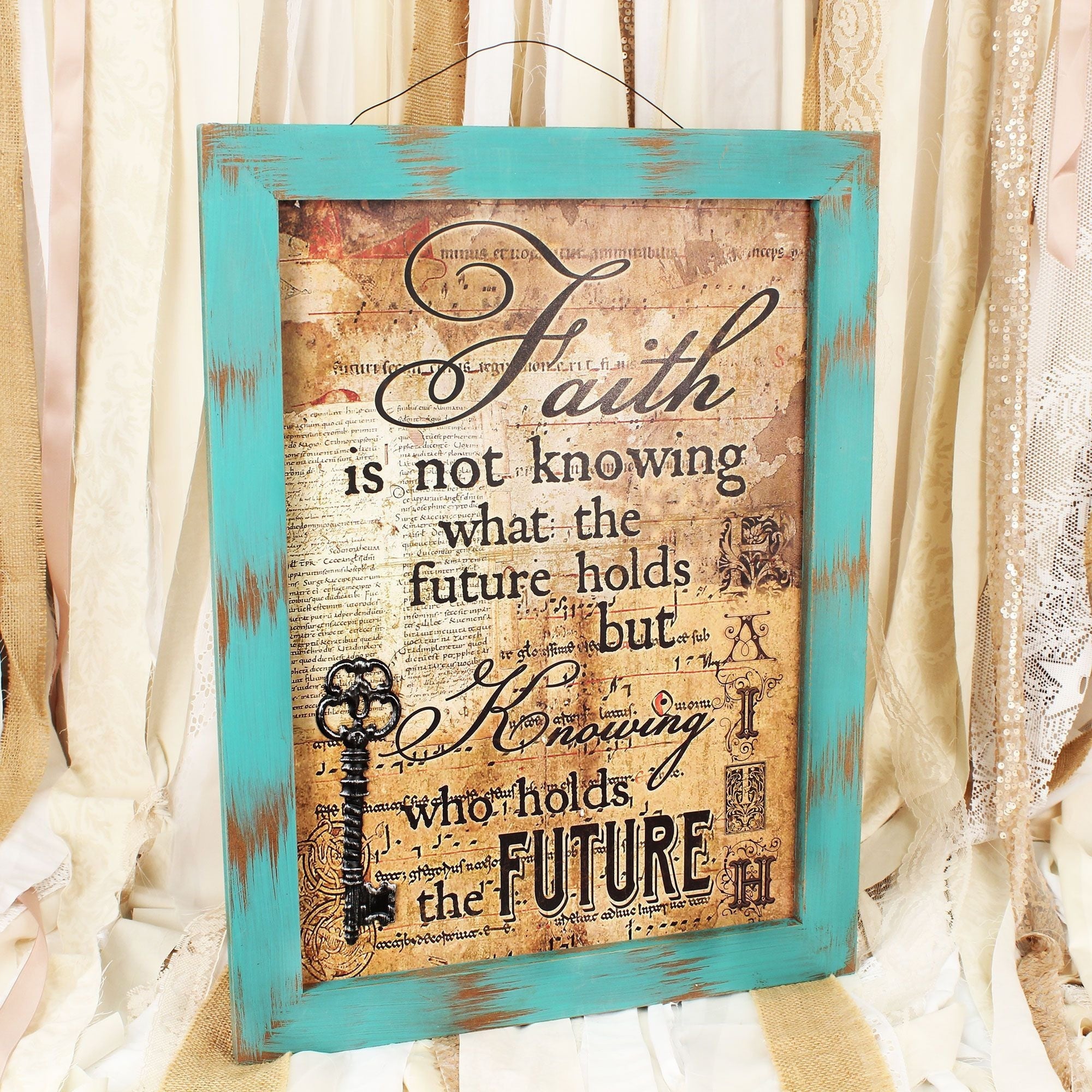 Shabby Chic Wall Sign Featuring Faith Message And Metal Key